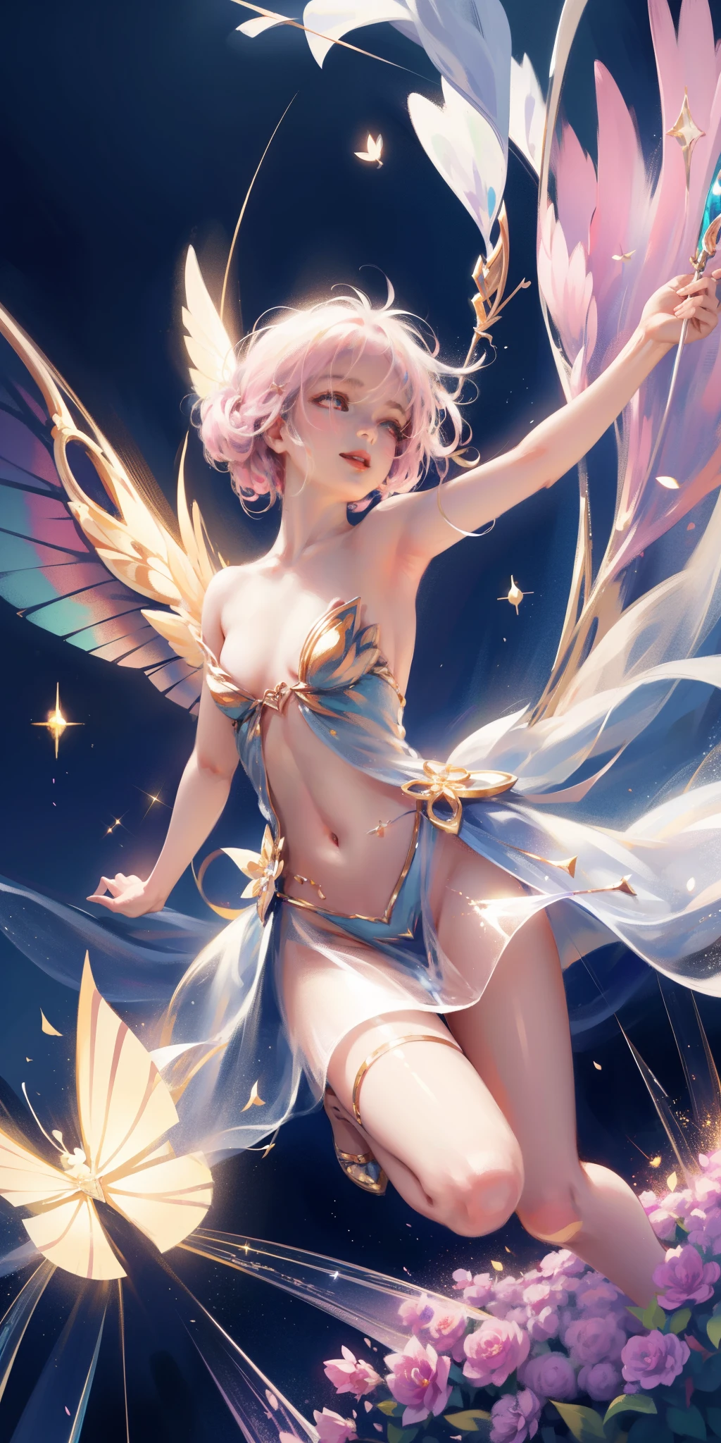 Beautiful transparent flower fairy baby, Transparent colorful wings, The wand flutters in the wind、The wand sparkles with starlight,golden wand,Beautiful blue sky and white clouds、Has transparent wings、smile kindly、Beautiful garden background、Gentle and transparent,anatomically correct, Exquisite pattern,pink rose space, 柔和的light, ( Bokeh),masterpiece, super detailed, epic work, best quality, 8k,Epic Romantic Fantasy Digital Art,Epic fairy tale fantasy digital art,Myth and Fantasy,Ultra HD resolution,detailed detail drawing,realistically,Very realistic,light,Winning photo,colorful,Hyper-realistic and realistic texture,戏剧性的light