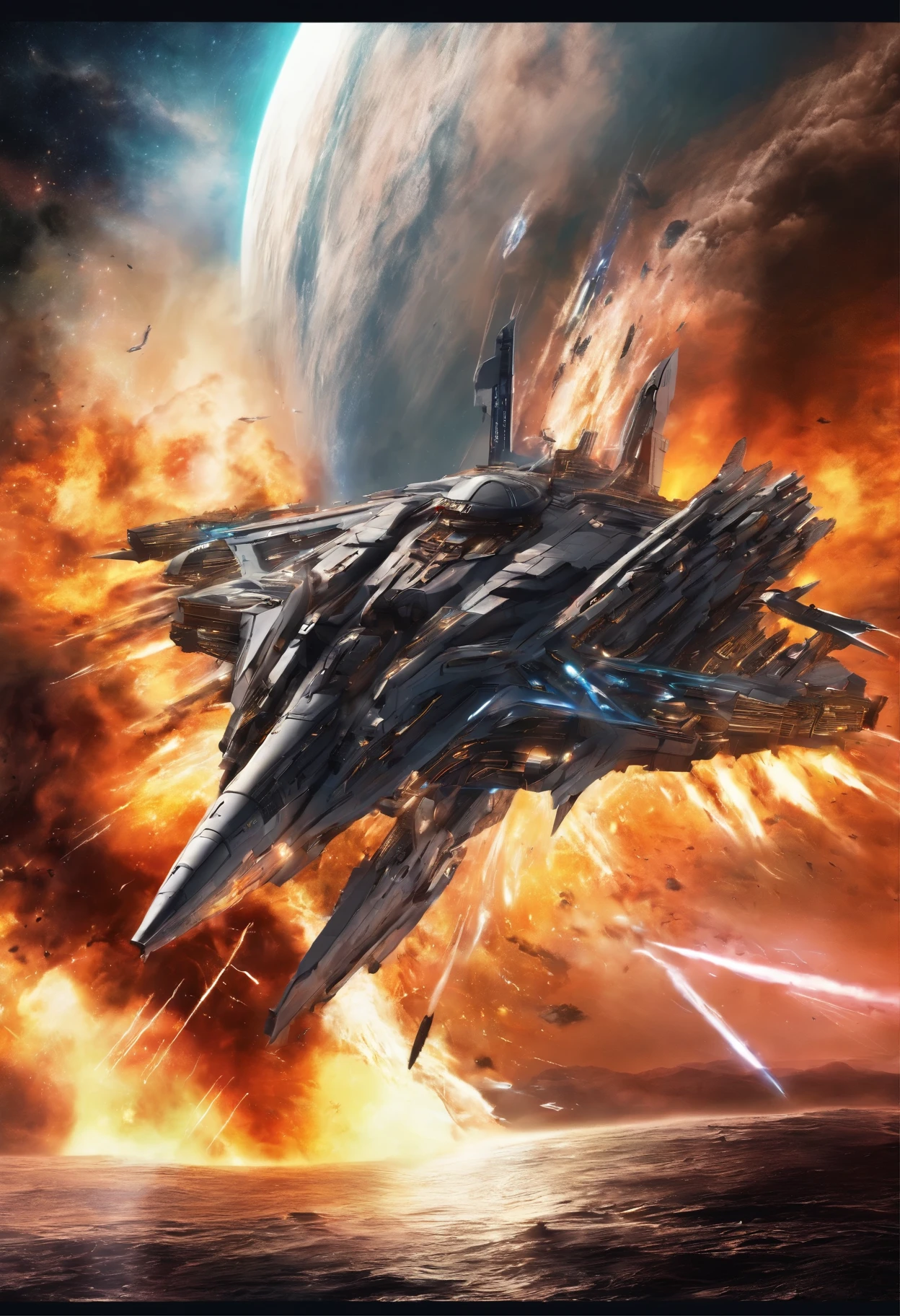 best quality, space battleship fires laser beam at the Earth, a arge fleet of space battleships, (destroying it, exploding, burning, smoke, destruction, annihilation, shattering:1.3), motion-blur, action-lines, speed-lines, final battle, background outer space, (magnificent view:1.5)