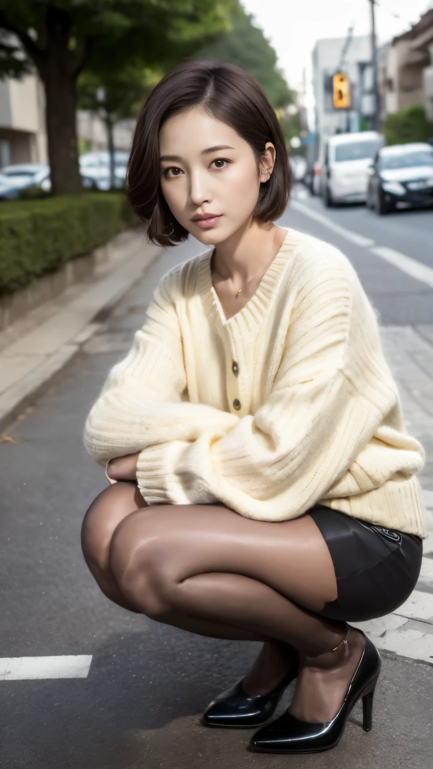 ((highest quality、8k、masterpiece:1.3))、sharp focus, High level image quality, High resolution, portrait, alone, Photo taken by a professional photographer，Close-up of a woman squatting on the sidewalk with her legs crossed, kiko mizuhara, wearing a sweater, Shirahime cut brown hair, wearing a sweater, young and cute girl, japanese model, 白いwearing a sweater, Chiho, ランダムカラーのカジュアルなwearing a sweater, mini skirt, Cute short hair wave, a cute young woman, cute young woman, black pantyhose，black tights，black high heels