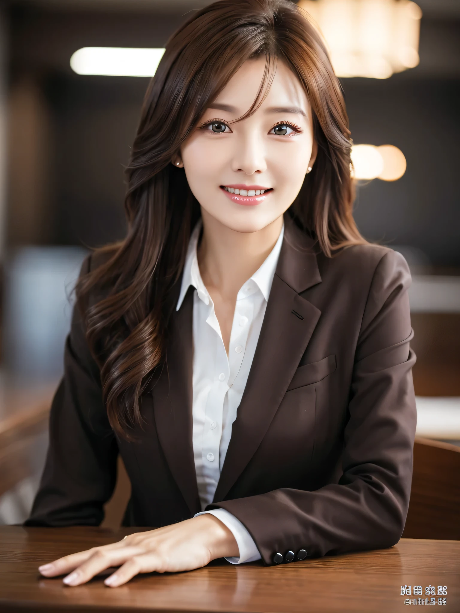 table top、highest quality、genuine、Super detailed、finely、High resolution、8k wallpaper、one beautiful woman、、、light brown disheveled hair、wearing a business suit、sharp focus、perfect dynamic composition、beautiful and detailed eyes、thin hair、Detailed genuine skin texture、smile、close-up portrait、model body shape