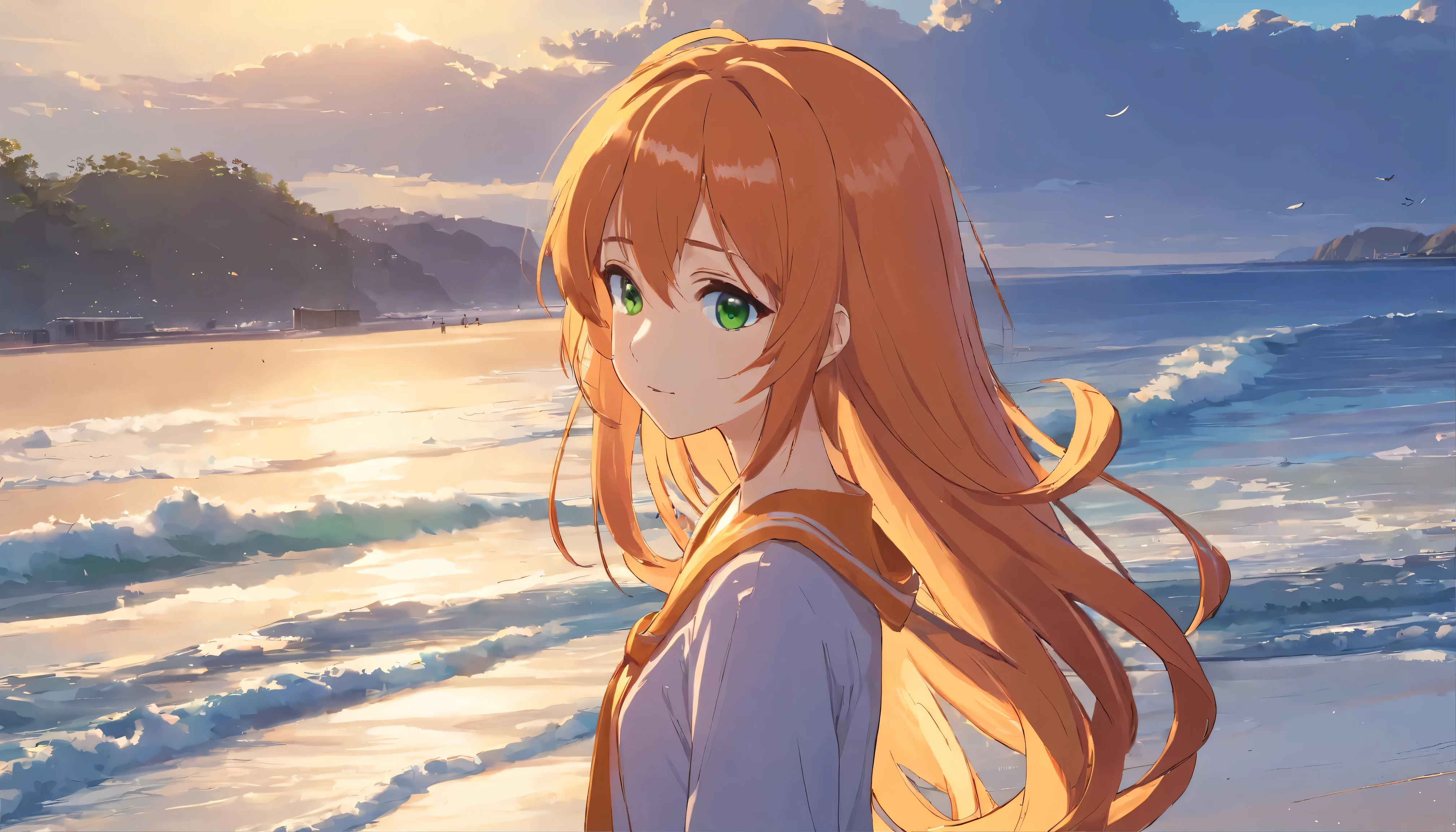 Anime girl with long orange hair, standing on the beach near the ocean, green eyes detailed digital anime art, Anime girl with long hair, гладкое аниме cg art, Anime girl with long hair, digital anime art, work in Guweiz style, Beautiful anime portrait, Photorealistic render of an anime girl, Beautiful anime girl, advanced digital anime art, guweiz на artstation pixiv HD UHD HQ
