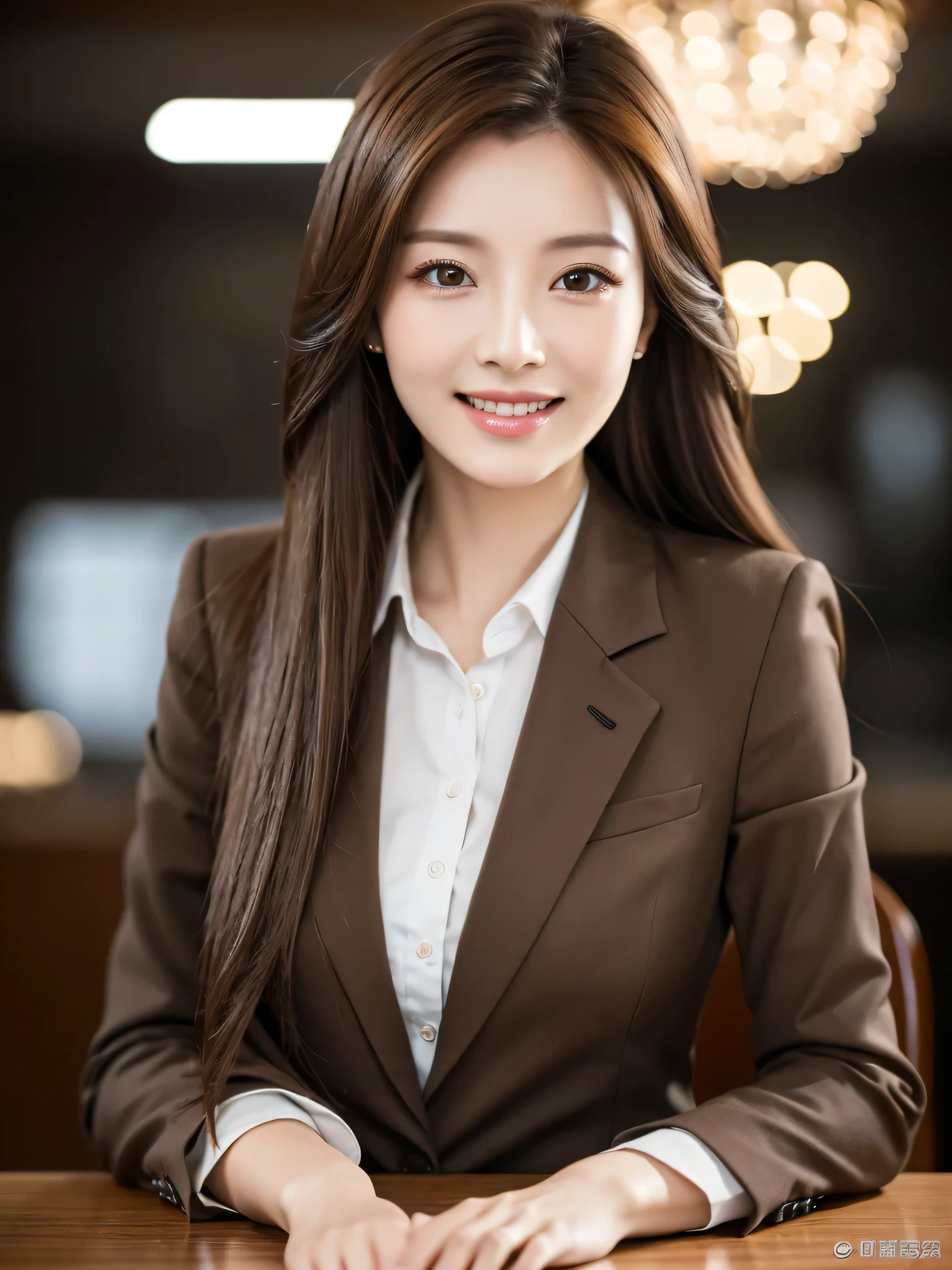 table top、highest quality、genuine、Super detailed、finely、High resolution、8k wallpaper、one beautiful woman、、、light brown disheveled hair、wearing a business suit、sharp focus、perfect dynamic composition、beautiful and detailed eyes、thin hair、Detailed genuine skin texture、smile、close-up portrait、model body shape