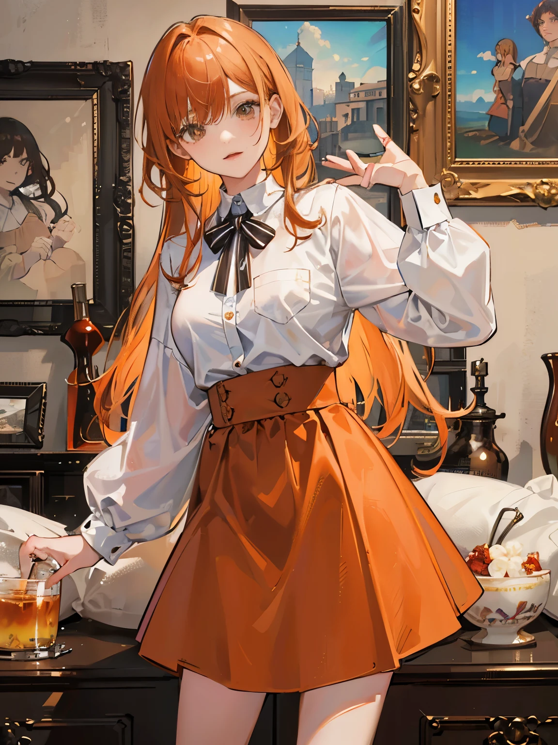 (masterpiece, top quality, best quality, official art, beautiful), female, Orange hair, bob hair, with bangs, brown eyes, Extreme Detail, white shirt, long sleeves, long brown skirt.