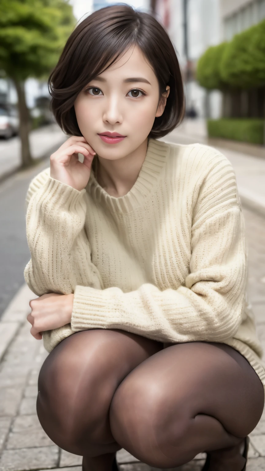 ((highest quality、8k、masterpiece:1.3))、sharp focus, High level image quality, High resolution, portrait, alone, Photo taken by a professional photographer,Close-up of a woman squatting on the sidewalk with her legs crossed, kiko mizuhara, wearing a sweater, Shirahime cut brown hair, wearing a sweater, young and cute girl, japanese model, 白いwearing a sweater, Chiho, ランダムカラーのカジュアルなwearing a sweater, mini skirt, Cute short hair wave, a cute young woman, cute young woman, black pantyhose,black tights,black high heels