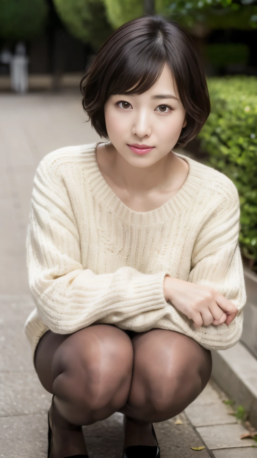 Professional photo-realistic images, (on green in sunset park), (No bra and wearing a loose white pullover) A cute Japanese woman with fluffy short hair 20 years old, she is crouching, leaning forward, and placing her hands on her knees. the pullover collar is dangle down from chest, her breasts and nipples are glimpse from the gap, She looks at me and blushes with a shy smile.　Composition from directly above, nsfw,