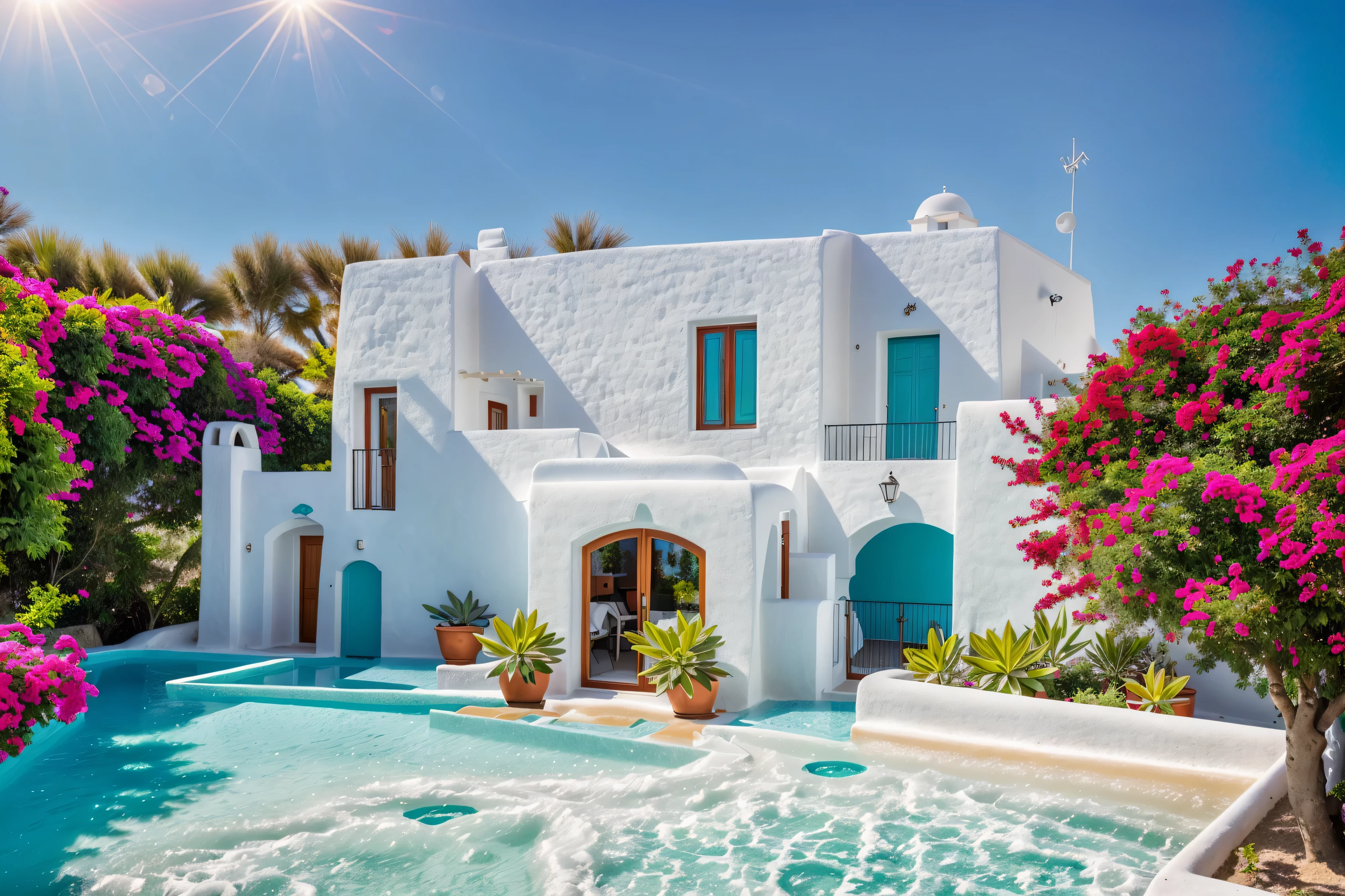 (1 santorini style house, 1 house is made from white walls and some walls are painted bright blue)), beautyful light, beautyfulday, sunny, Many red bougainvilleas along the road:1.3, lovely youthful feeling :1.2, sunlight at 12 noon, Very beautiful shadows