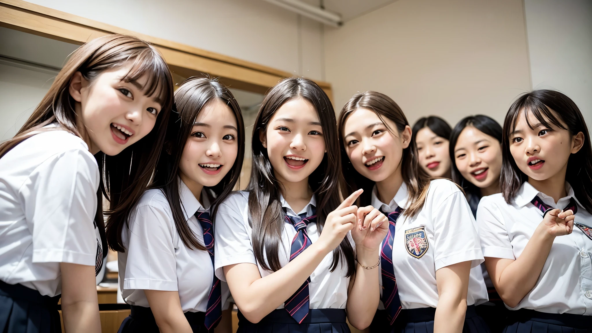A group of 20 girls standing side by side, cute faces, best quality, realistic, RAW photograph, professional photography, school uniforms, pleated , low-angle shot, all girls looking directly at the viewer, girls with wide-open mouths laughing, girls squinting eyes, laughing, low-angle shot, mocking expression, in a classroom.girl gossiping,laughing,The girl looks down on the viewer with cold eyes,Girls make scary faces to intimidate viewers,A girl commanding the viewer,girls scold viewers,Angle of view from below,The girls look down on the viewer from above.,Girls make fun of men,girls threaten viewers,yell loudly,Scary girl,provocative pose,provocative fingers,big mouth,open your mouth,Angle of view from below,girl with folded arms,ridicule,girl ridicule,sadistic girl,sadistic smile,open your mouth wide,Laughter,Laughter,Angle of view from below,give strict orders,Let's get right away,Girls who warn loudly,open your mouth wide,sarcastic,Laugh with a nose,contempt,gesture to cheer,criticize