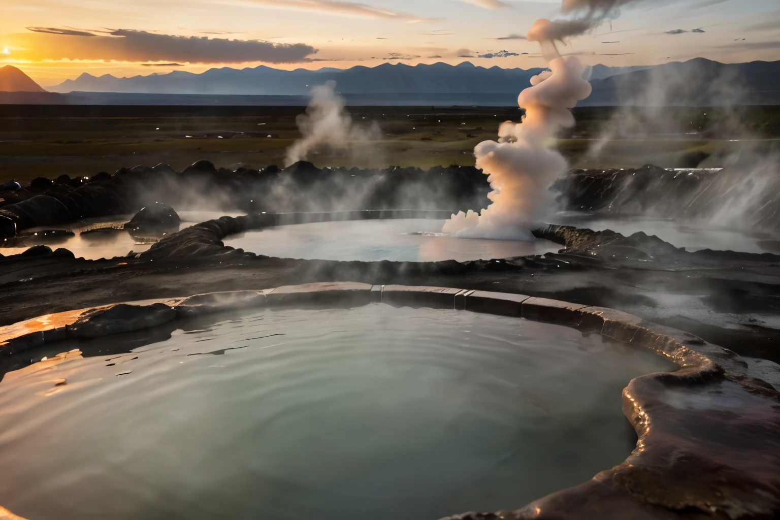 Sunrise at a hot spring or geothermal area