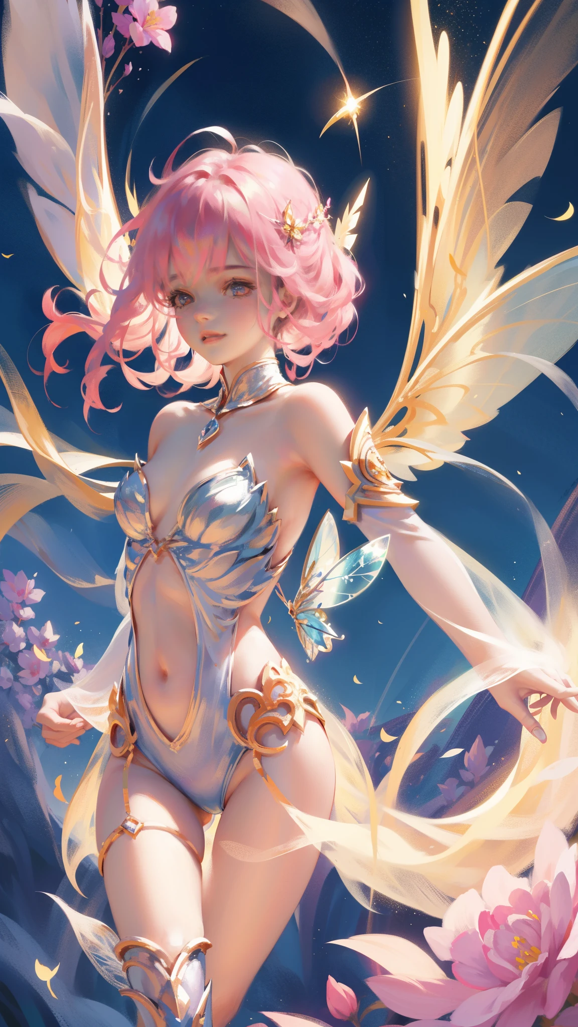 Beautiful transparent flower fairy baby, Transparent colorful wings, The wand flutters in the wind、The wand sparkles with starlight,golden wand,Beautiful blue sky and white clouds、Has transparent wings、smile kindly、Beautiful garden background、Gentle and transparent,anatomically correct, Exquisite pattern,pink rose space, 柔和的light, ( Bokeh),masterpiece, super detailed, epic work, best quality, 8k,Epic Romantic Fantasy Digital Art,Epic fairy tale fantasy digital art,Myth and Fantasy,Ultra HD resolution,detailed detail drawing,realistically,Very realistic,light,Winning photo,colorful,Hyper-realistic and realistic texture,戏剧性的light