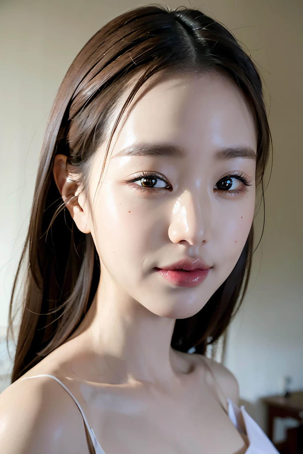 1girl,(masterpiece:1.2), (best quality:1.2), (extremely detailed), selfie from center front, cleavage, (extremely detailed face), (((ultra-detailed eyes and pupils))), broad shoulder, (ultra detailed), 8k, photorealistic, pretty face, instagram shot, instagram style, in the bedroom, looking at viewer, facing front, perfect skin, cinematic lighting, fair skin, portrait photo, slender,, nikon RAW photo, 8k ,Fujifilm XT3, photorealistic, detailed face, , perfect shape, big  ,mouth shut, smile, wide face, indoors, sleeveless, dim lighting,(looking at viewer:1.2), 