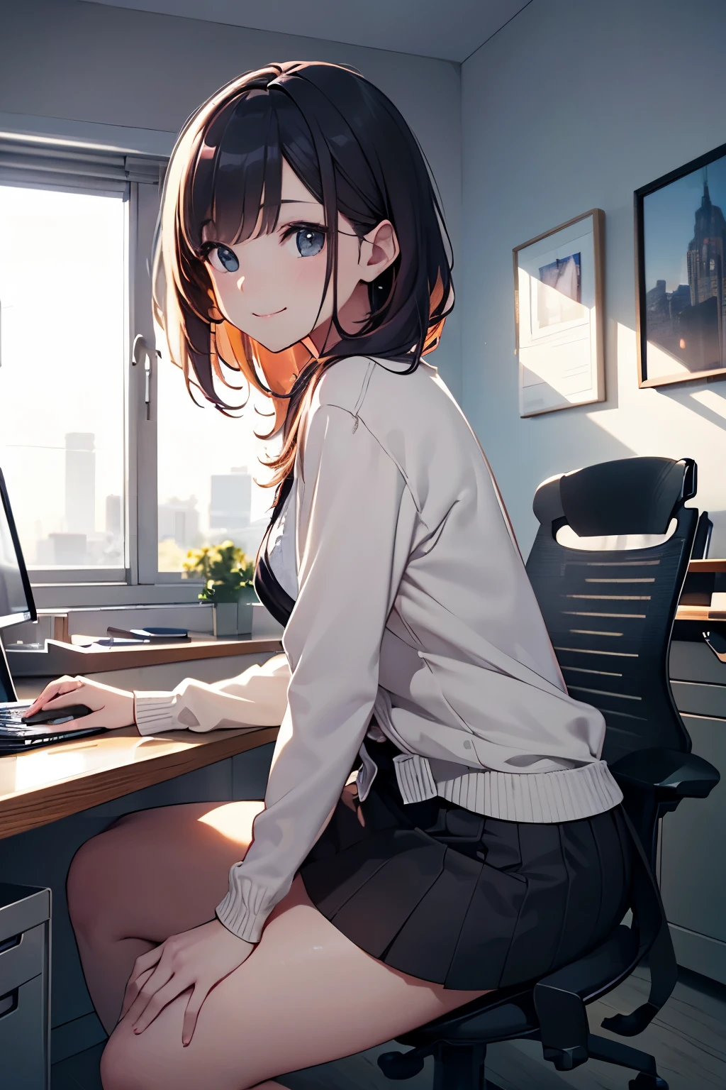 20 year old female、very pretty、OL、While working in the office、Front facing、Close-up、squatting in the hallway、picking up dropped documents、(official art、highest quality、unity 8k wallpaper、32K、masterpiece、Super detailed、ultra high resolution、realistic、Photoreal:1.2)、(cinematic lighting:1.2)、best shadow、rim lighting、side light、(Highly detailed and complex 3D rendering)、computer、bright hair color、smile, white shirt、Tight Skirt、cardigan、sitting in a chair、