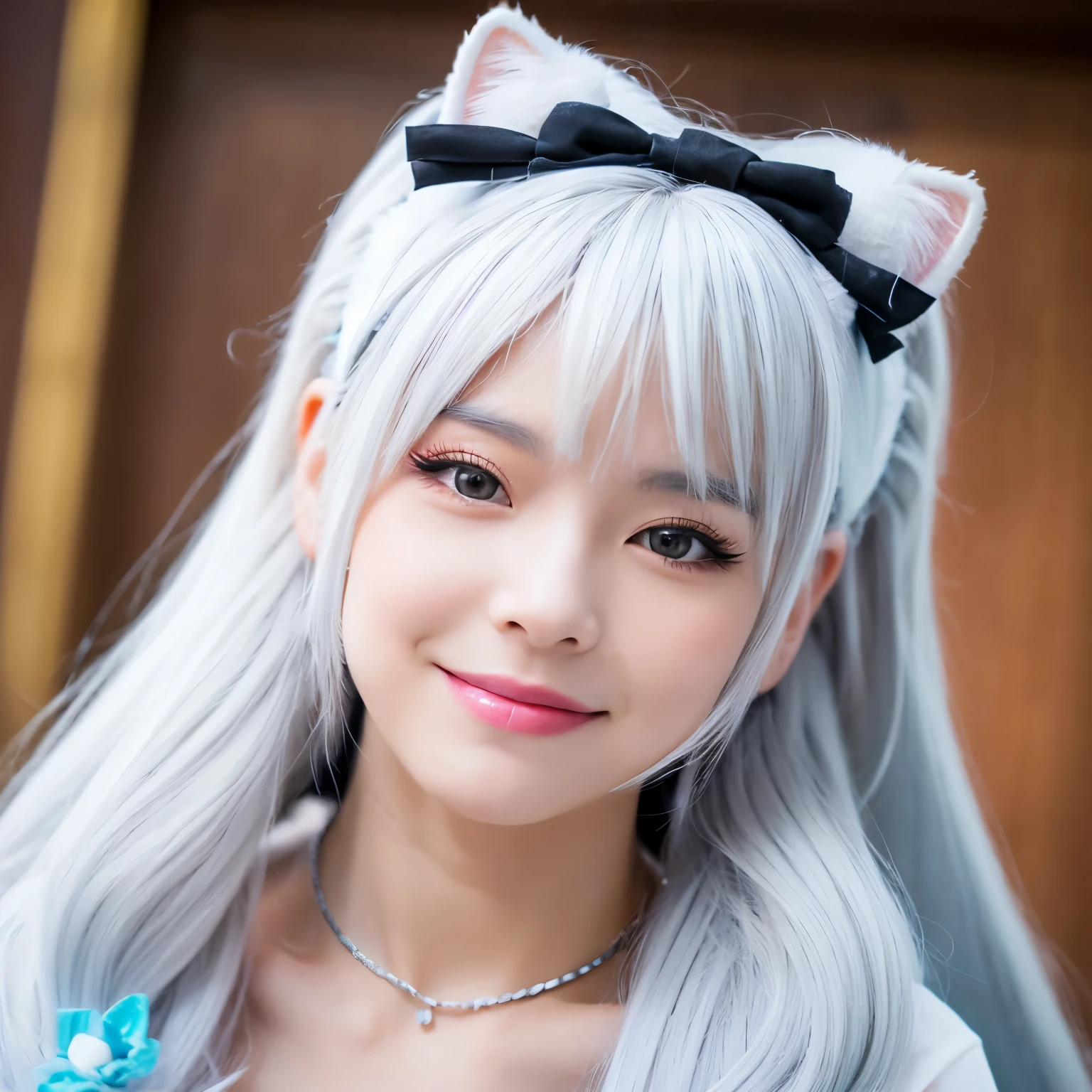 Two-dimensional beautiful girl with white hair and cat ears