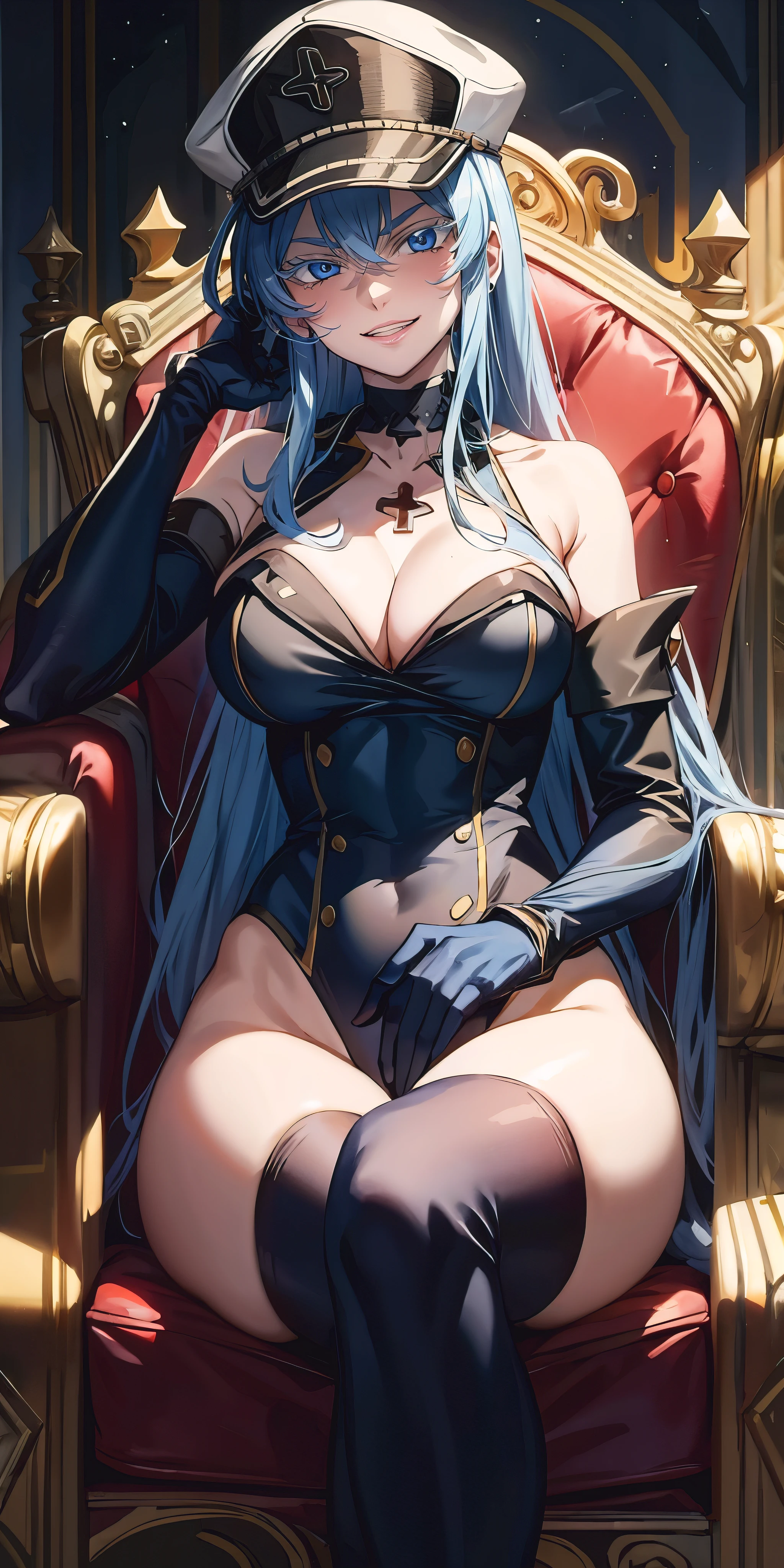 Esdeath, long hair, blue hair, blue eyes, hat, solo, very long hair, large breasts, choker, ice, peaked cap, leotard, breasts, 1girl, leotard, large_breasts, solo, looking_at_viewer, sidelocks, cleavage, gloves, crossed_legs, covered_navel, blue_legwear, blue_leotard, bare_shoulders, thighhighs, sitting, gauntlets, thighs, elbow_gloves, (shaded face:1.2), hollow eyes, blue eyes, white eyelashes, looking at viewer, heavy breathing, smirk, upper teeth, lips, 