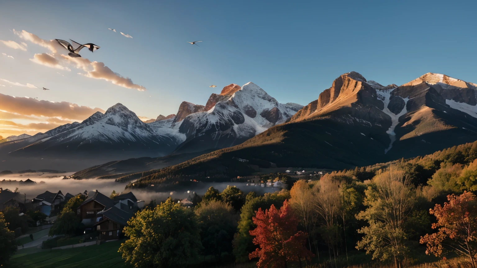 Sunrise ,birds,trees,rose,mountains