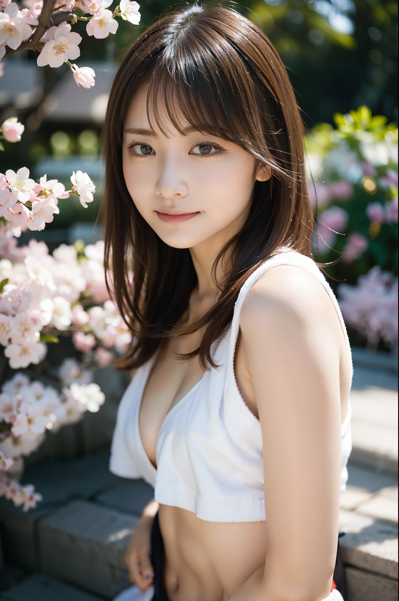 In 8K,highest quality:1.4, 超A high resolution:1.5, (realistic:1.4),masterpiece:1.2,(highest quality:1.4)、 RAW photo、(background is blurry),、Nogizaka、cute、supple fingertips,beautiful black eyes、natural skin texture:1.3, Realistic eye and face details:1.7、medium breasts、look at the viewer、beautiful feet、autumn&#39;s、long sleeve、High resolution、 one beautiful young woman、 (soft saturation:1.3)、(white skin:1.2)、 (非常にdetailed background、detailed background)、Bokeh、 break,Portrait of a smiling girl。Seen from the front、The composition is symmetrical。 Look straight ahead with serious eyes、break towel wrap、towel wrap、medium breasts、 outside the house、Uncharted、null、Light of the sun、Scenery of cherry blossom trees、 strong light、with front light、 (teenager:1.3)、(cowboy shot:1.2)、Break angle from the front、 looking at the viewer、red bikini， dynamic pose、 sitting in front of a cherry tree、seaweed、seaweed、seaweed、seaweed、seaweed、seaweed、