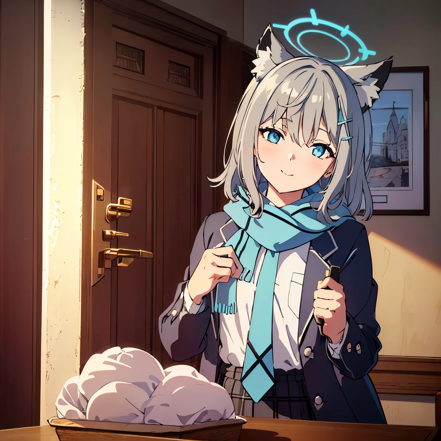 1girl, (((masterpiece))),(((full body))), wallpaper HD, top-quality, top-quality, High Details, masterpiece, best quality, ultra-detailed, illustration, 1girl, shiroko, halo, animal ears, animal ear fluff, grey hair, medium hair, hair ornament, blue eyes, mismatched pupils, white background, white shirt, scarf, jacket, necktie, comic strip, soothing tones, Subdued Color, Soft cinematic light, adobe lightroom, photolab, HDR, intricately and hyper-detailed、(((depth of fieldasterpiece)))。(((top-quality))).)((ultra-detailliert)))。(((illustratio)))。(((takeout))).dynamic focus.big breasts.(((home))).(((A bedroom))).(((Face of happiness))). open smile mouth.(((up chest))).((morning glow)).((the setting sun)).