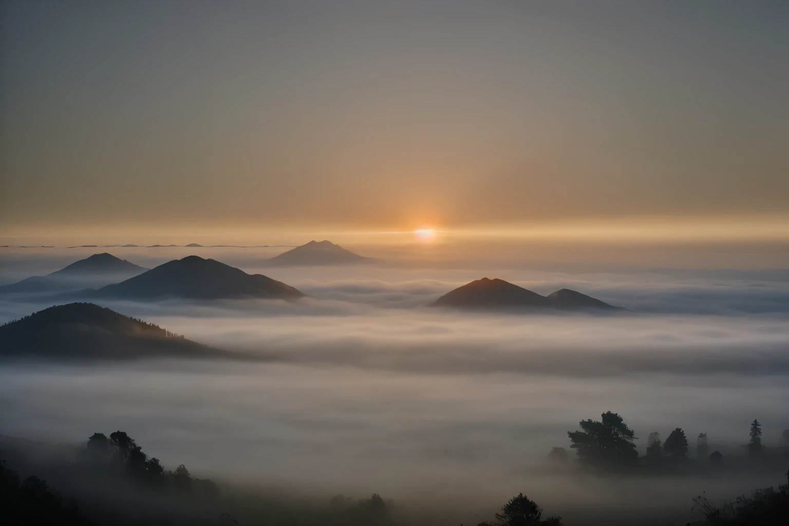 Sunrise in a foggy or misty landscape