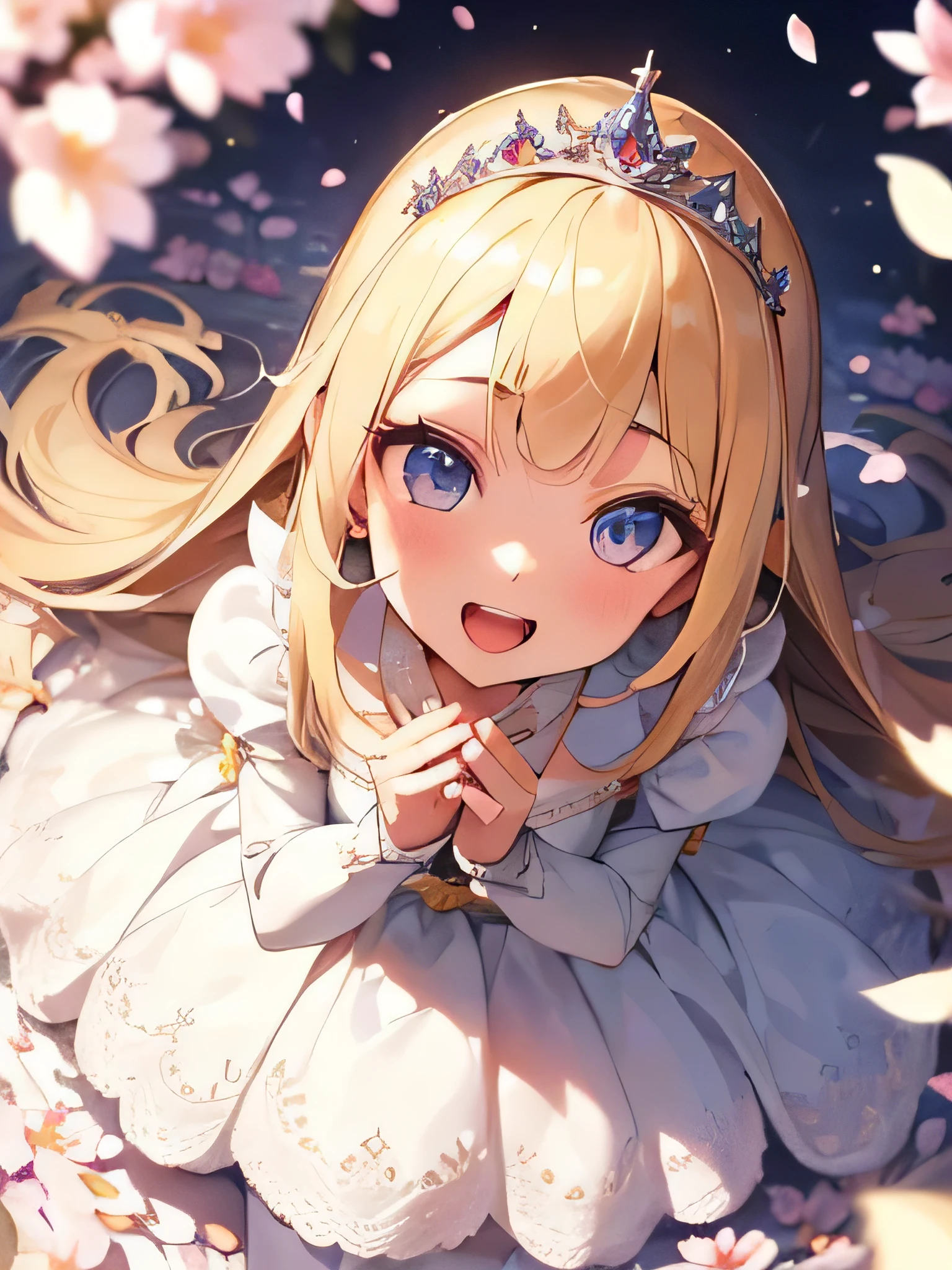 ((masterpiece)), ((highest quality)), ((super detailed)),  (highly detailed face)、(very well-groomed face) , 1 girl, blonde hair, long hair, looking at the viewer, Princess, white Princess dress, tiara, smile, open your mouth, outdoors, flower garden, ((petal)), long sleeve, long dress, face focus, From above, white stockings, dynamic angle, dynamic pose,