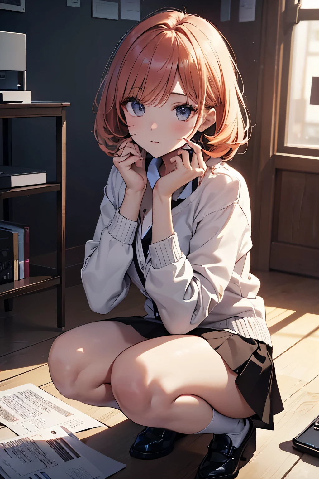 20 year old female、very pretty、OL、While working in the office、Front facing、Close-up、squatting in the hallway、picking up dropped documents、(official art、highest quality、unity 8k wallpaper、32K、masterpiece、Super detailed、ultra high resolution、realistic、Photoreal:1.2)、(cinematic lighting:1.2)、best shadow、rim lighting、side light、(Highly detailed and complex 3D rendering)、computer、bright hair color、panicked look, white shirt、Tight Skirt、cardigan、sitting in a chair、