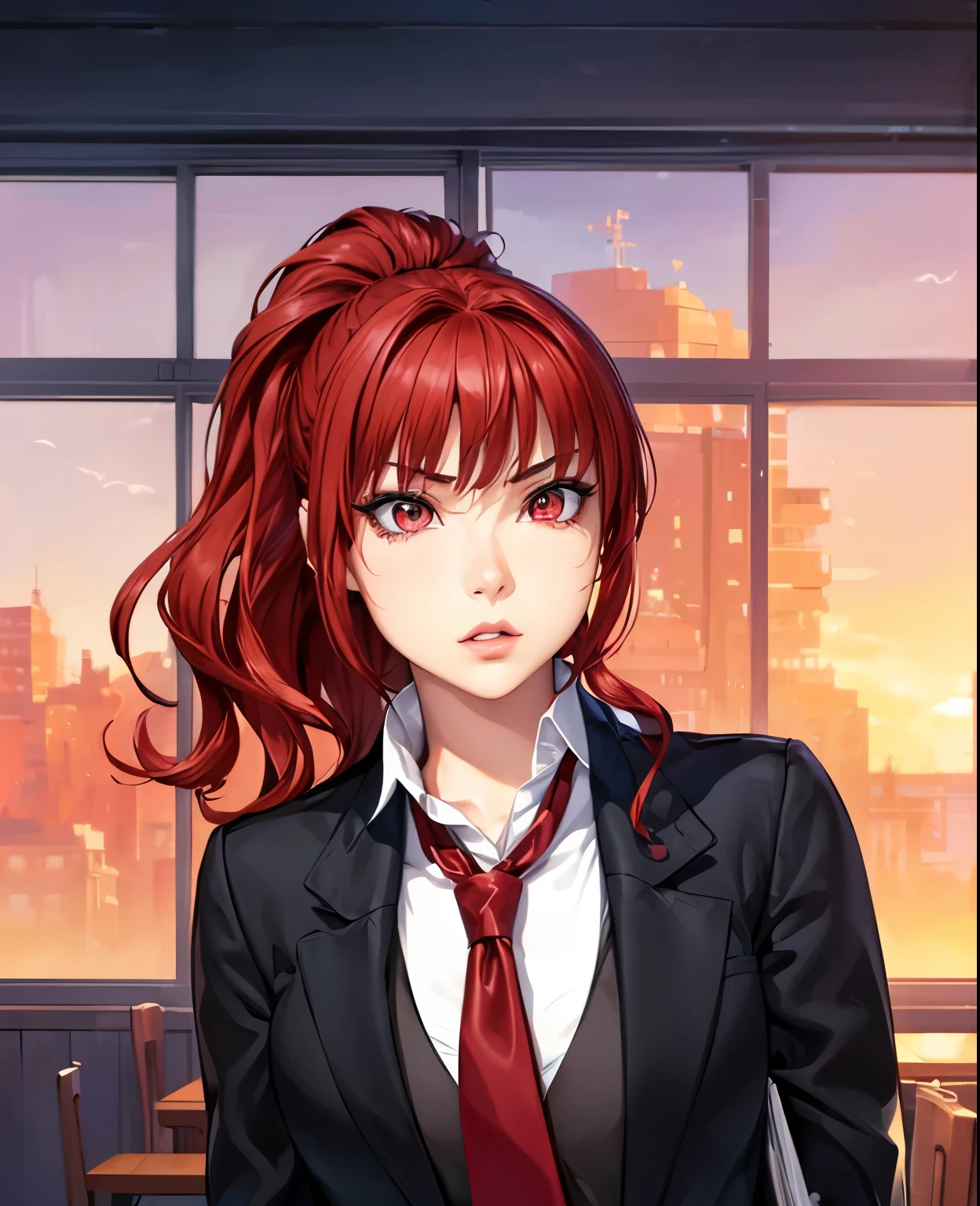 (masterpiece, best quality:1.4), (extremely detailed, 8k, uhd), cinematic shot, natural lighting, ultra highres, vibrant rich colors, (beautiful, aesthetic, perfect, delicate, intricate:1.2), (sharp focus, from front:1.3), eye level shot, 1girl, portrait of a anime girl, young, red hair, hair up, ponytail with bangs (extremely hot, attractive, beautiful, sexy, feminine:1.2) serious expression, serious look, serious eyes, expressive brown eyes, long eyelashes, relaxed,(beautiful detailed face, highly detailed skin, red eyes), gorgeous, breathtaking beauty, seductive, captivating, pale skin, perfect female figure, (slim:0.5), (wearing a JK Uniform :1.2), school girl (highly saturated lipstick, luscious thick lips), intricate details, daytime, award winning photography, detailed background, volumetric fx, anime, hyper-detailed