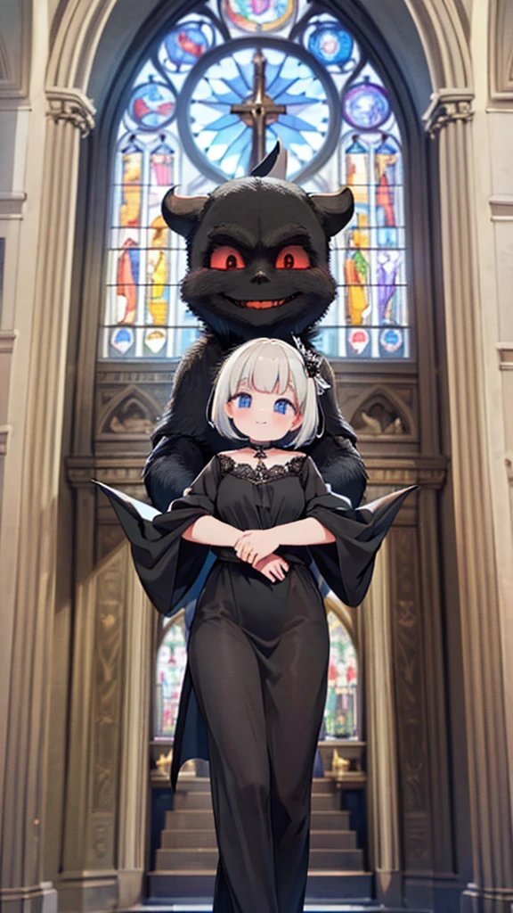 (masterpiece, highest quality:1.3), (16k, High resolution:1.3),church,Cathedral,A cute black devil smiles