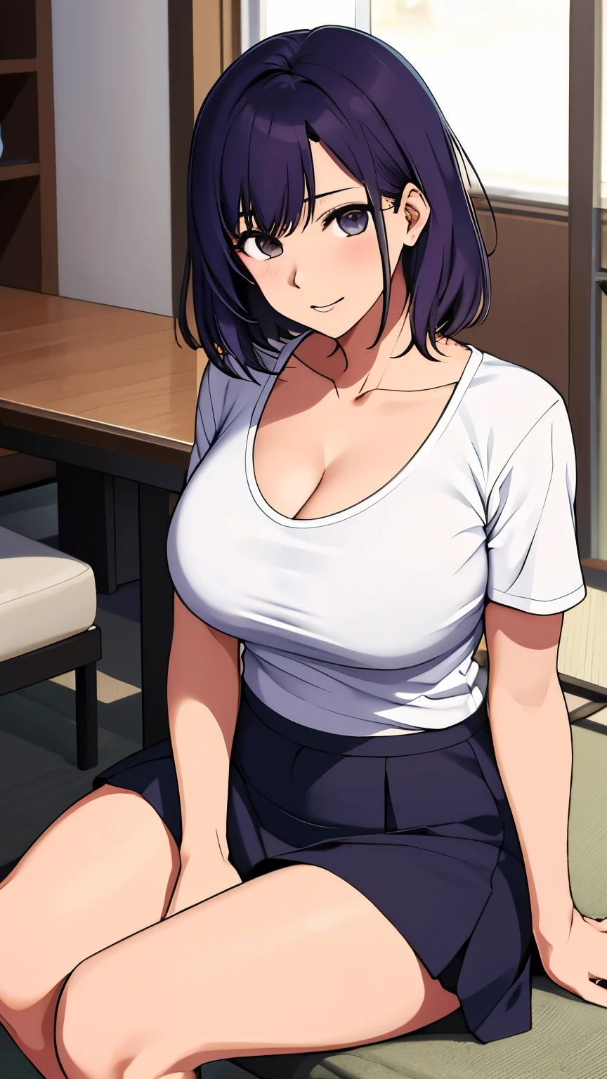 1akane kurokawa,alone,big breasts, cleavage, belly button,open chest t-shirt, ((good)),clothing lift, skirt, Liar, whole body,sexy body,sitting