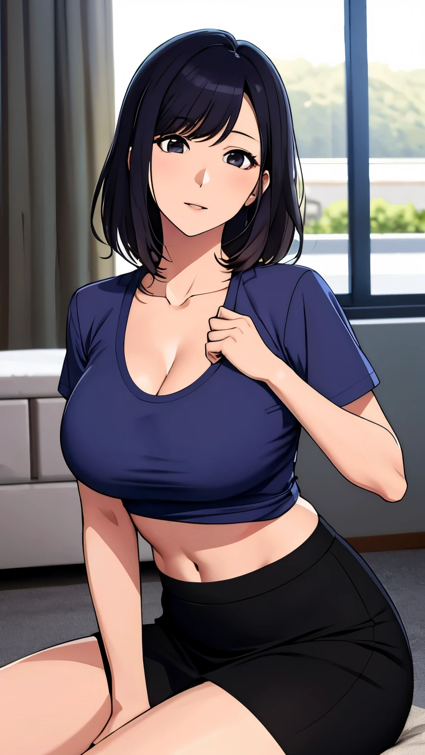 1akane kurokawa,alone,big breasts, cleavage, belly button,open chest t-shirt, ((good)),clothing lift, skirt, Liar, whole body,sexy body,sitting