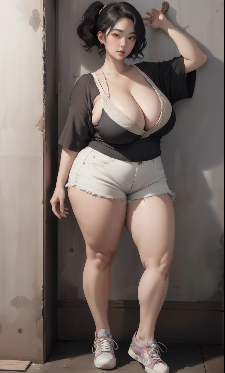 woman shorts hairstyle stand against the wall of the black room, plus size, plus size woman,  thicc,  ,bbwchan, large cleavage, very large cleavage, massive cleavage , wearing a sneakers, 35 years old woman, asian women , short hair , full body, japanese milfs, nudes, showing her nipples, vagina, seductive , piece dress 