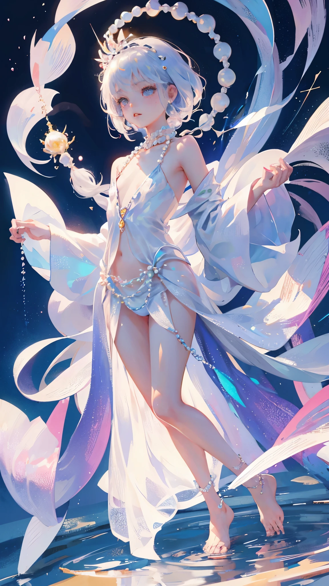 a girl、、Very cute、slim and beautiful、((small :1.2))、well drawn eyes、charming eyes、double tail、Wear jewelry and pearls around your neck,Transparent openwork、deep v、crystal pearl、在Wear jewelry and pearls around your neck,white hair, Showing thighs, bare shoulders, Show collarbone, Yao Liu, barefoot,((whole body))、painful posture