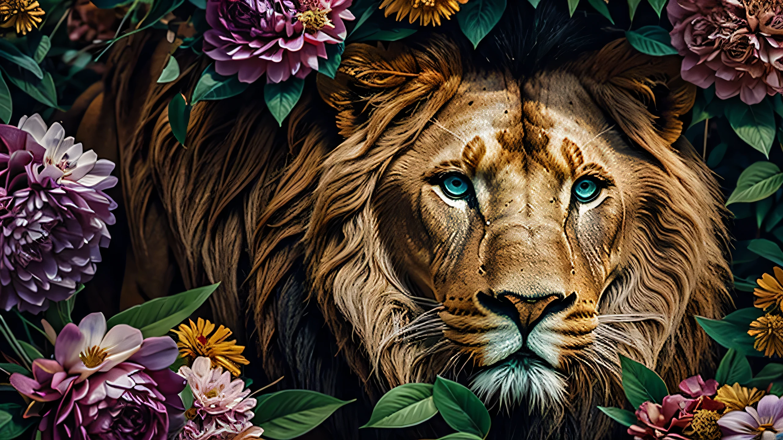 collage contemporary art, lion head, with flowers and leaves, some brilliant insects, painted, ultra detailed, full color, vibrant colors, 8k, realistic