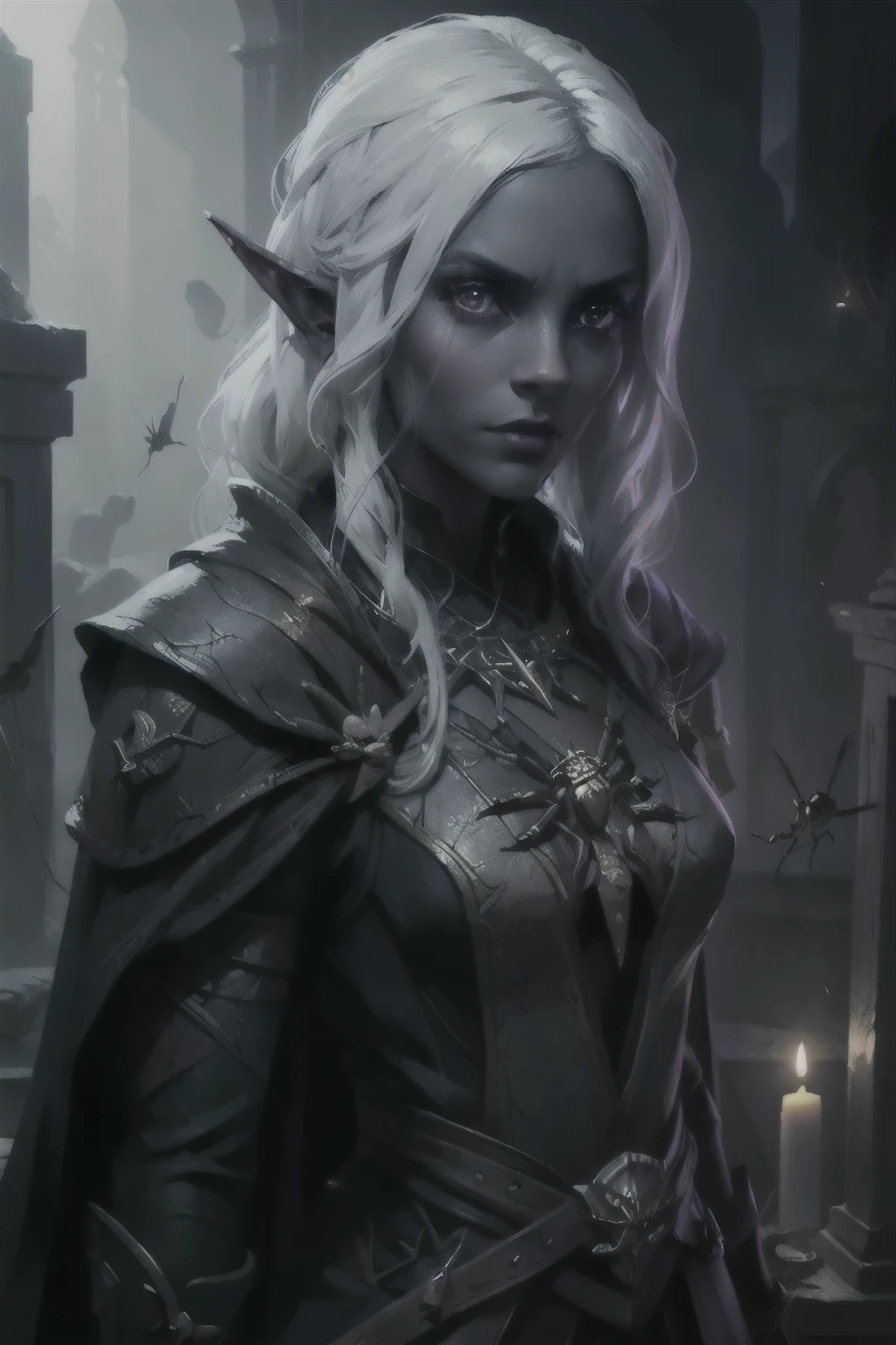 character DnD, drow, Drow woman, dark elf woman, white hair, fantasy art, dark colors, background gloomy stone temple altar of sacrifice spiders, mysterious lighting, candles, digital art, dramatic light, gloomy, highly detailed, in the style of romanticism, cinematic, artstation, absurdres, high quality, unforgettable, Artstation, dungeon, spiders, masterpiece, top quality