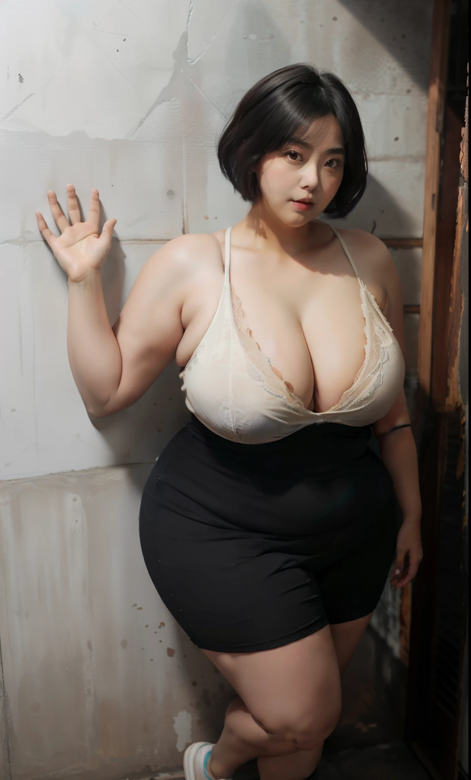 woman shorts hairstyle stand against the wall of the black room, plus size, plus size woman,  thicc,  ,bbwchan, large cleavage, very large cleavage, massive cleavage , wearing a sneakers, 35 years old woman, chinese women , short hair , full body, japanese milfs, seductive , piece dress, white skin , 