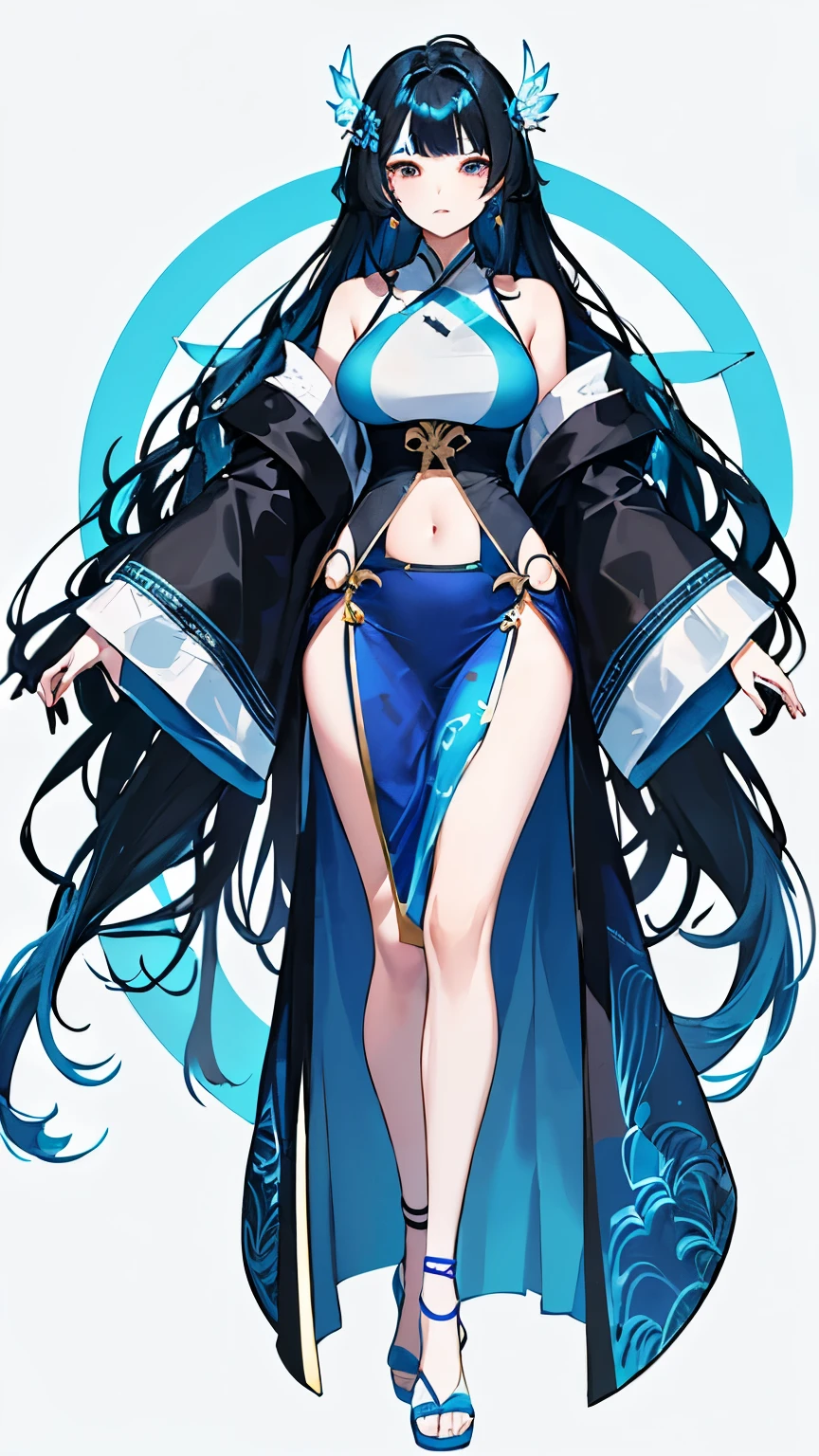 Hanfu(swimsuit),full body portrait,light wing earrings,long black hair,blue hair tail dyed,Center parted bangs,High heel,The dress has a gorgeous wavy pattern,Navel exposed,Gorgeous splash skirt,Intricate costume details