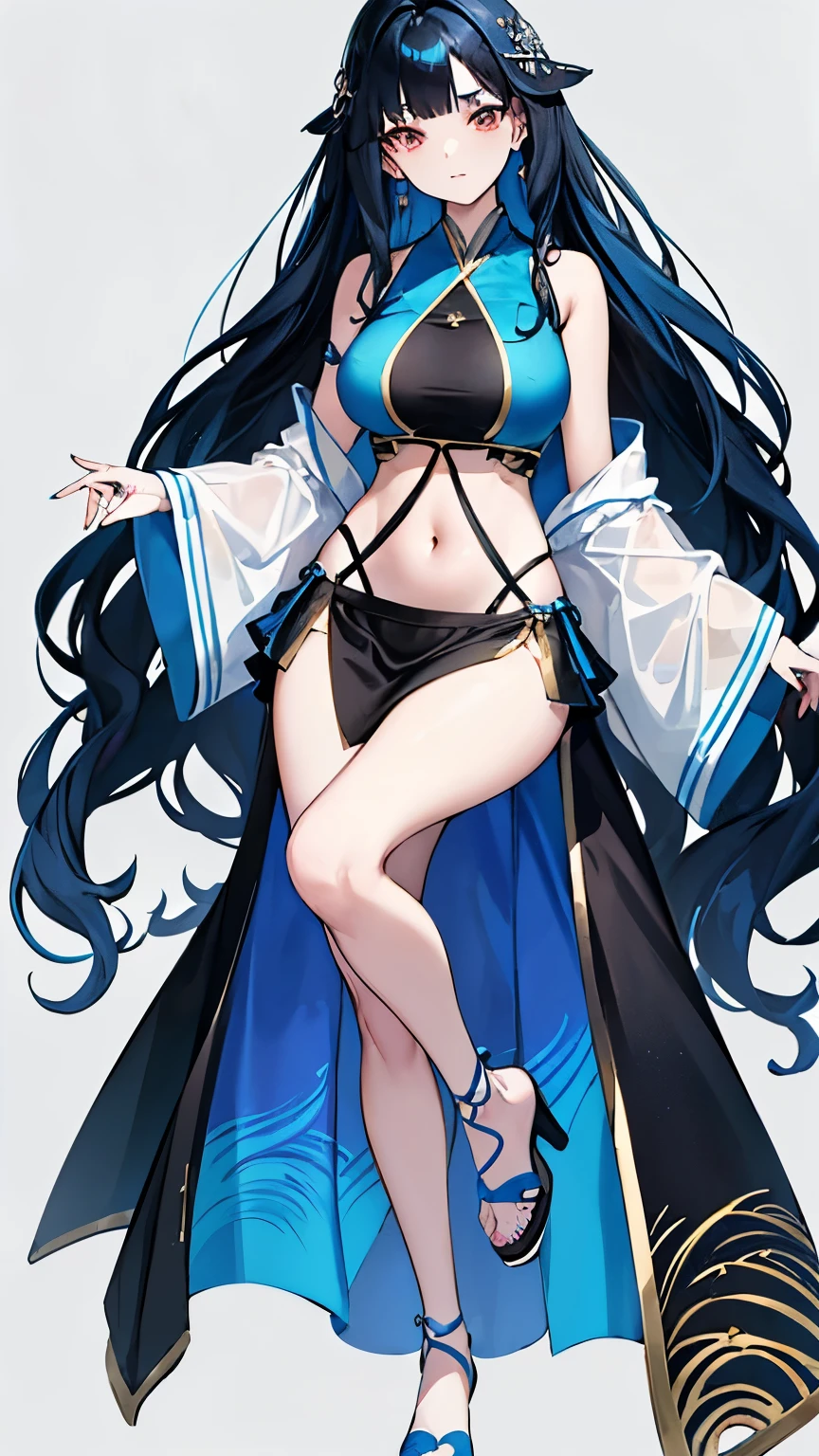 Hanfu(swimsuit),full body portrait,light wing earrings,long black hair,blue hair tail dyed,Center parted bangs,High heel,The dress has a gorgeous wavy pattern,Navel exposed,Gorgeous splash skirt,Intricate costume details