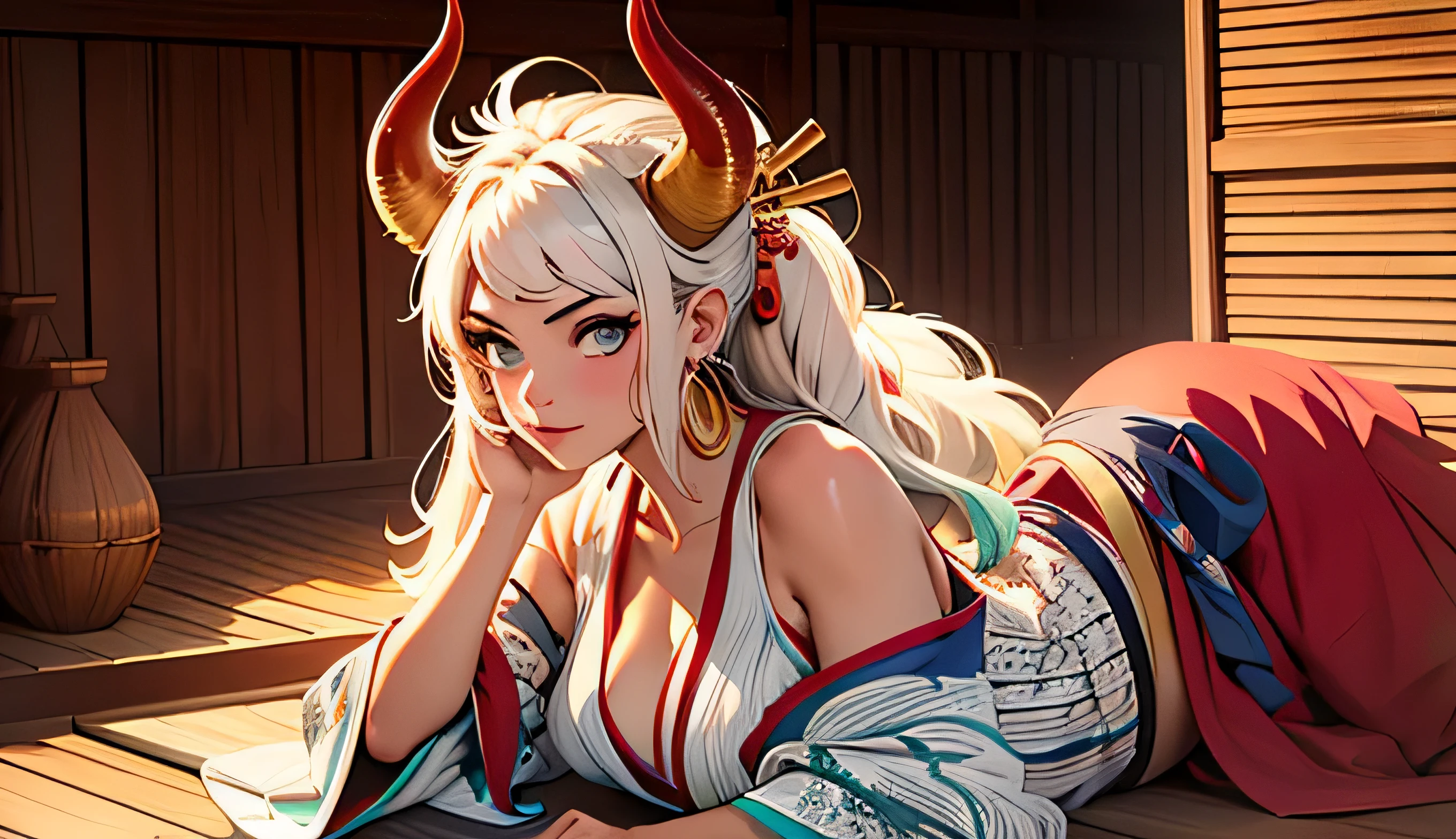Masterpiece, ((Ultra detailed backgrounds, Delicate pattern, Intricate High Details)), (highly detailed, finedetail), Best quality, Beautiful lighting, (((medium breasts, lean girl, Very thin girl))), (cow boy shot), Yamato V2, laying down, posing, Long hair, 1girl, banya, white hair, Tik, their, Red horns, Spiral horn, hair adornmentulticolored horns), jewelry, Earrings, Japanese clothes, kimono, hair stick, Sleeveless, Bare shoulders, aqua hair, side locks, hoop earrings, hakama, surprised expression, bamboo trees, the sea