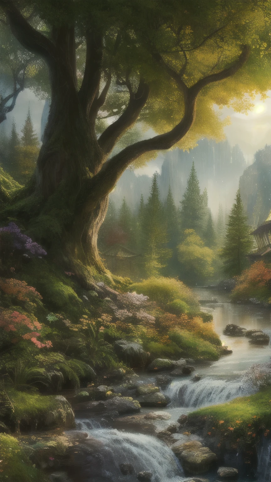 masterpiece, best quality, high quality,Very detailed CG unity 8k wallpaper, Charming dreamy scene of dreamy forest, There are towering trees, Glowing Mushroom, and Hidden Fairy Canyon, Create a sense of mystery and enchantment, art station, digital illustration, complex, trend, pastel colors, oil painting, Award-winning photography, Bokeh, depth of field, high dynamic range, bloom, Color difference ,lifelike,Very detailed, trend on art station, trend on CGsociety, complex, high detail, dramatic, midway art