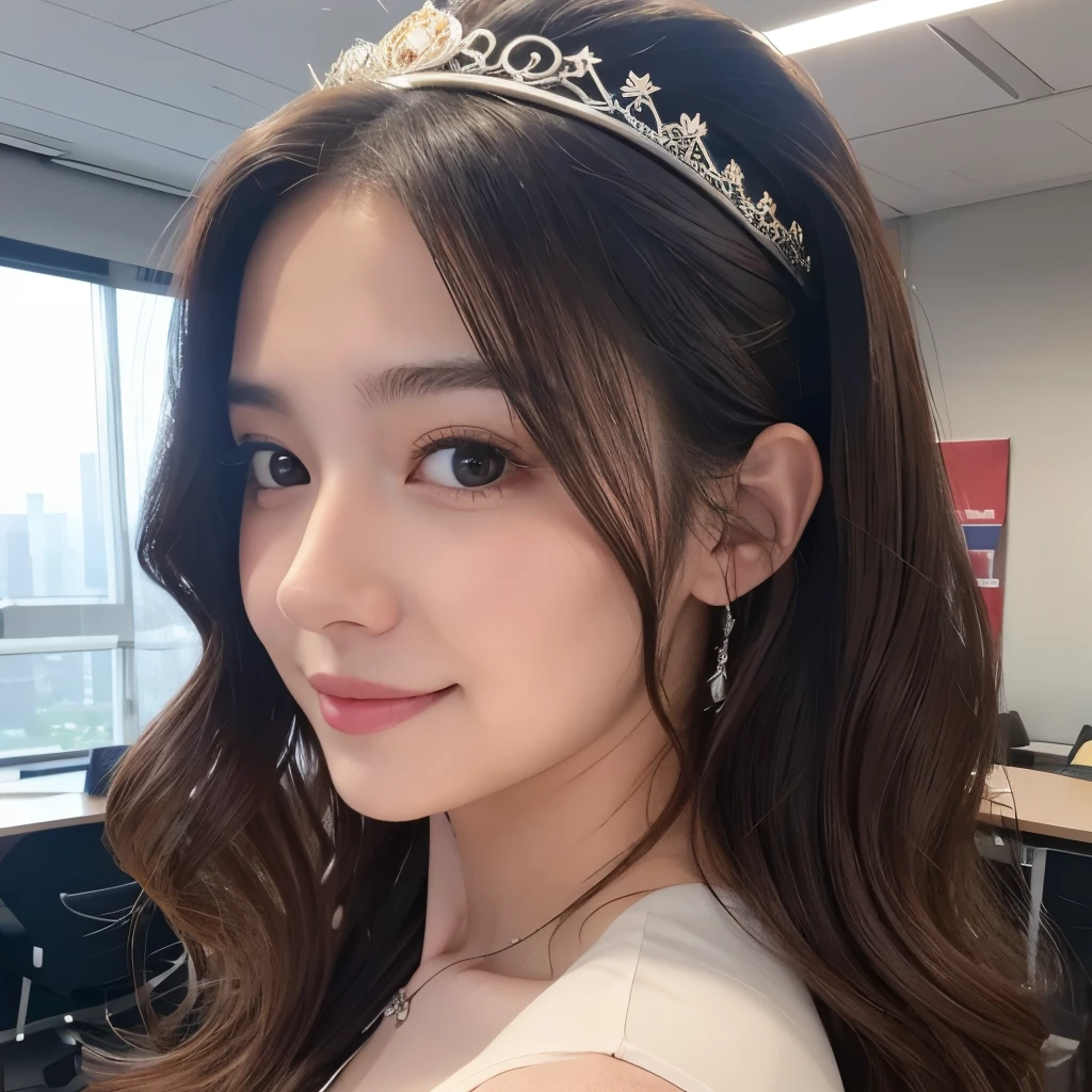 instagram photo, closeup face photo of 23 y.o Chloe in transparant office suite, cleavage, pale skin, (smile:0.4), hard shadows, after workout with wet hair, sexy sporty vibe, curly long hair highlight, wear tiara, in stadium