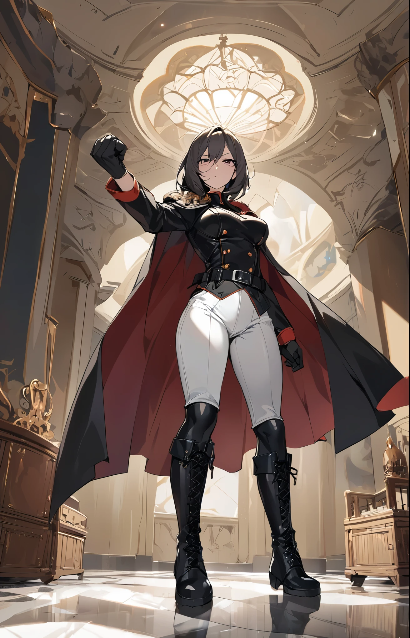 (Mature female), ((solo)),(1girl),standing, full body, authority, leather outfit, dominant, (muscular:0.5), long sleeves, black gloves, double-breasted, (black knee-high combat boots:1.4), (white pants:1.2), slim, sportive, devious, seductive, evil, confident,belt, cape, standing, bedroom, military uniform, looking at viewer, from below,clean floor,guard,warden,queen,commander, (smirk:0.33),godlike, yandere,fist,marble_floor,palace room