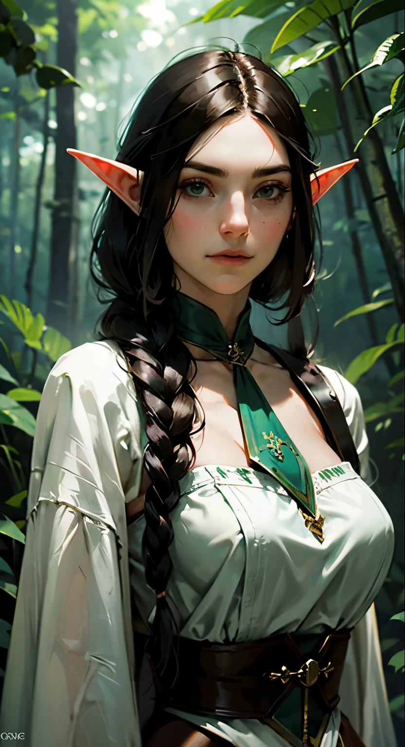 Female elf, long black hair, braided hair, brunette, round face, green and white clothes, in a forest, fantasy character