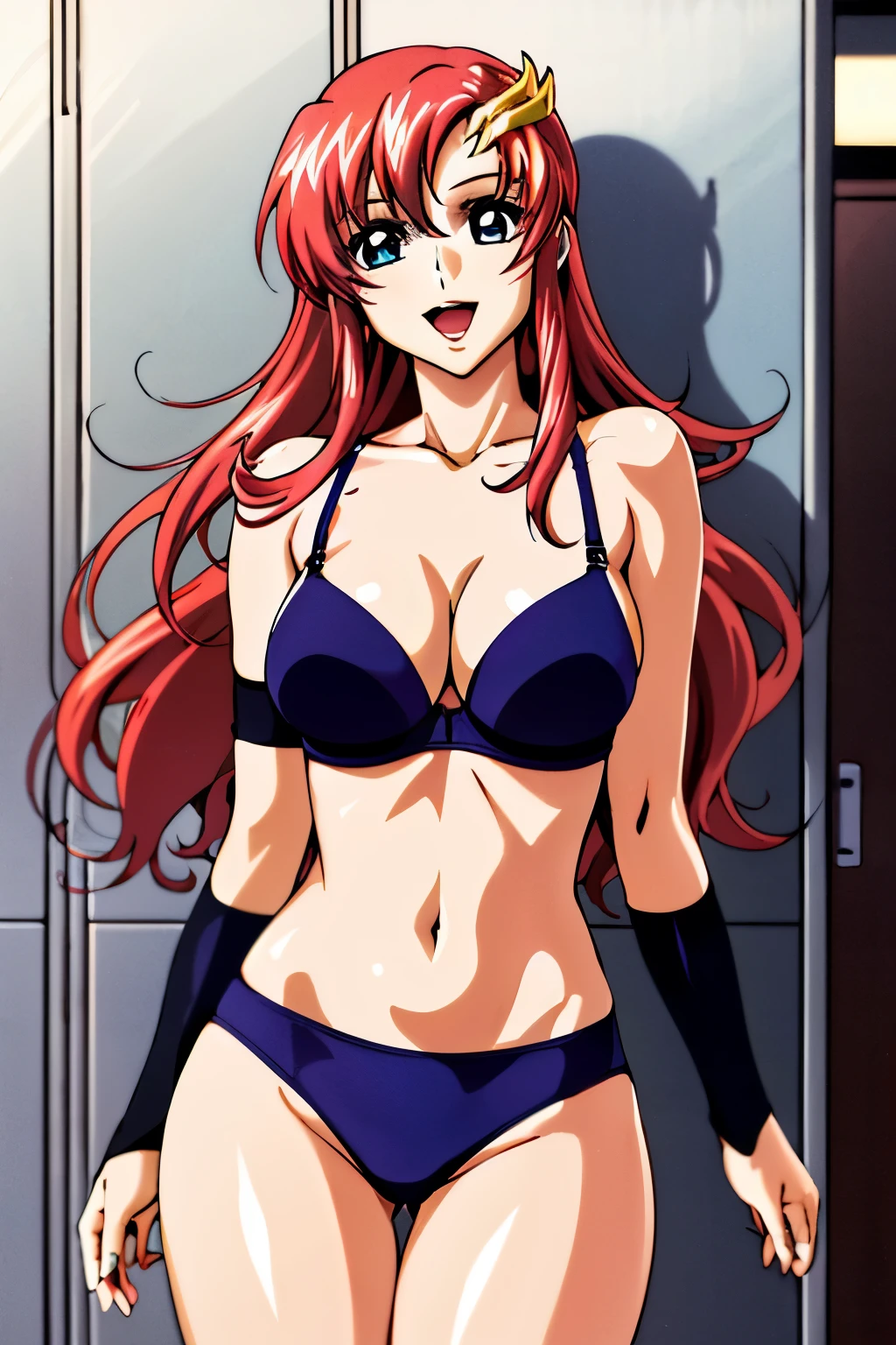 lacus4, stars effects, (strapless bra, arm band, medium springy breasts, long belly, masterpiece, leaning on door, very slim shoulders, 4K, Best Quality, Anime style: 1.9, happy, Adult Woman, (ultra detailed head), (locker room), Drawing lines, high resolution, lacus4), 1girl, Solo, curvy figure, Long hair, clavicle, scapular, (Detailed wide hair bangs, Hair Ornament, Detailed reddish-pink hair, shiny streaks, slim arms, detailed golden crest), cleavage, large hands, (hair cover shoulders). (Big blue eyes, shiny eyes), ((slim body, slim arms)), ((perfect proportions, medium springy breasts, long belly, open mouth)), ((totally red bra, neck band,))), smile, (hot colors), detailed fingers, (bare shoulders)
