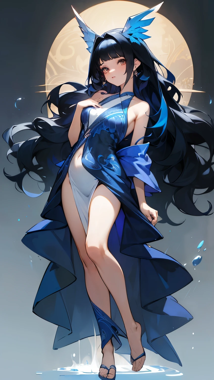 Hanfu(swimsuit),full body portrait,light wing earrings,long black hair,blue hair tail dyed,Center parted bangs,High heel,This dress has a gorgeous wavy pattern,Navel exposed,Gorgeous splash dress,Intricate costume details