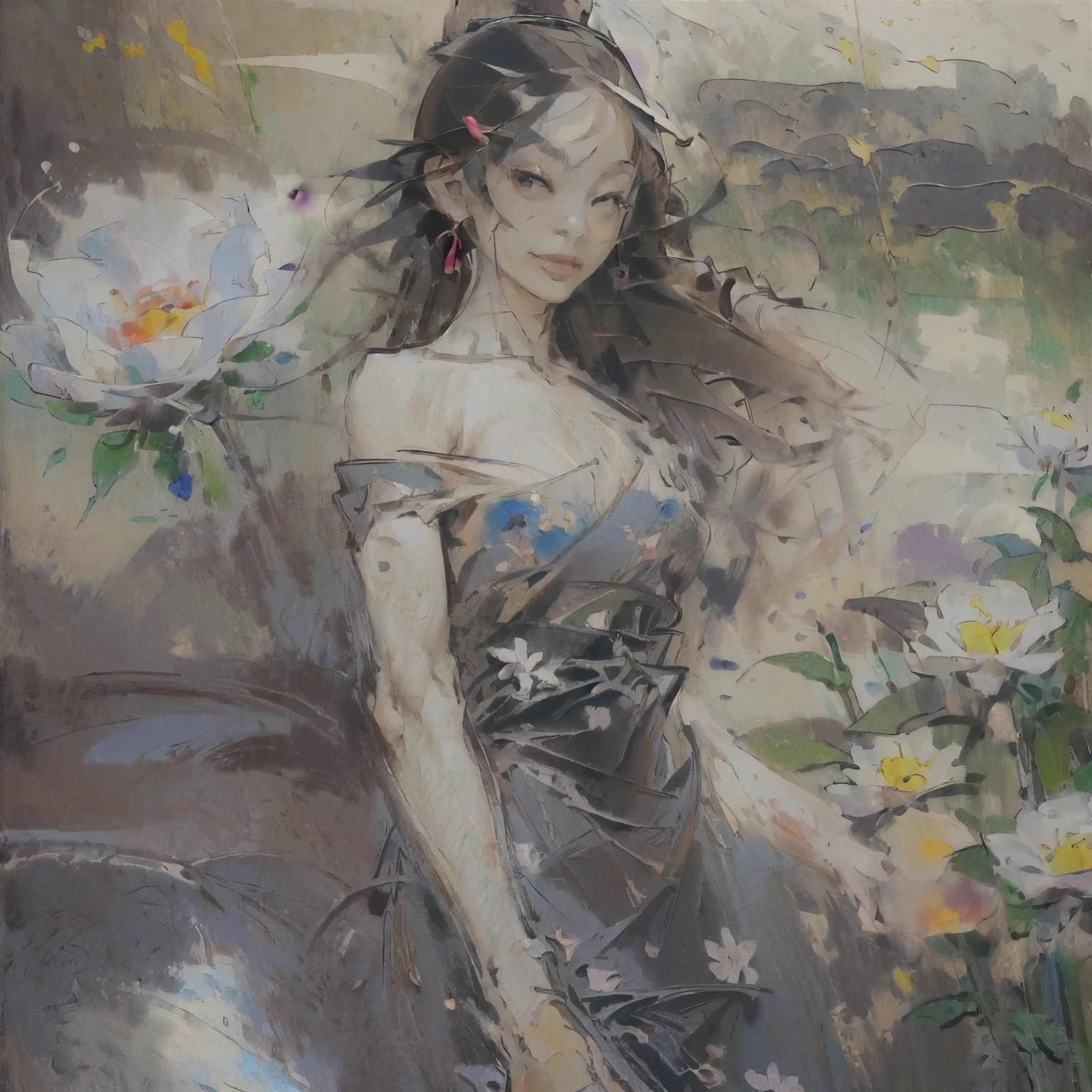 ((Masterpiece, Best quality: 1.2), (Create MAxZenArt!))_((Top quality, oil painting, virtuoso execution, wonderful masters))_((Final fantasy (Yuna),(young girl - , nude, full growth, naked body, dark hair, light skin, scarlet lips, smile; black, expressive eyes, long eyelashes))_((Girl with brown hair, dressed; black translucent chiffon dress, gold line, very short peignoir dress , (erotica), (sexuality), (calm relaxed pose, hair fluttering in the wind, half a turn, look at the viewer, stylish girl model))_((Beautiful character painting, soft anime computer graphics, realistic anime art , sexy girl, photorealistic rendering of an anime girl, painting-realism, digital art))_ ((Background- flower garden, pictorial writing, stylized- virtuosic brushwork, graphic, (stunning; flowers lilies, peonies, chrysanthemumodern style)_(High quality, masterpiece)).