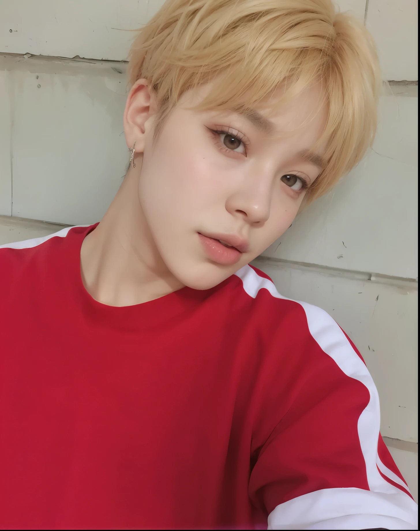um close de uma pessoa com uma camisa vermelha e uma camisa branca, Jimin\the full lips, park Jimin, Jimin\o nariz grego, accurate Jimin face, Jimin, Jimin\the right eyelid is swollen, min ji, Park Jimin, Jimin, min ji park, Park Jimin, Jimin Park, inspirado em Jimin do bts