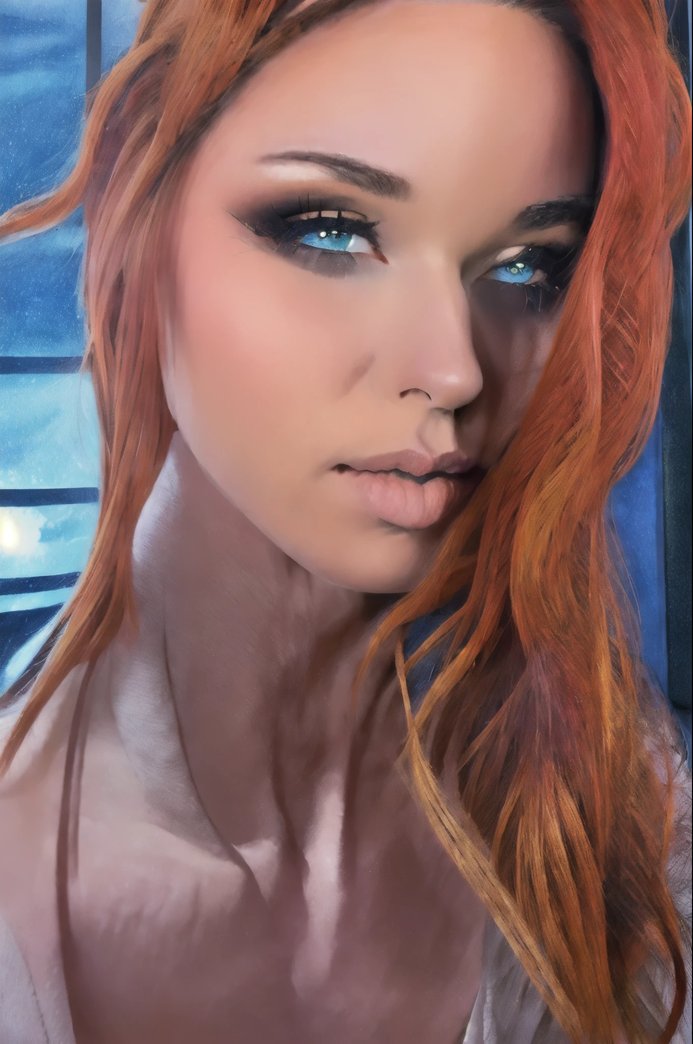 (rule of the third masterpiece), (very detailed), (Realistic), (photoRealistic), (amorant, Red hair, 1 girl, Red dress,) (Green eyes:0.7) (candles, atmospheric lighting, cinematic lighting, dark,) (portrait, close-up,) realism,Live