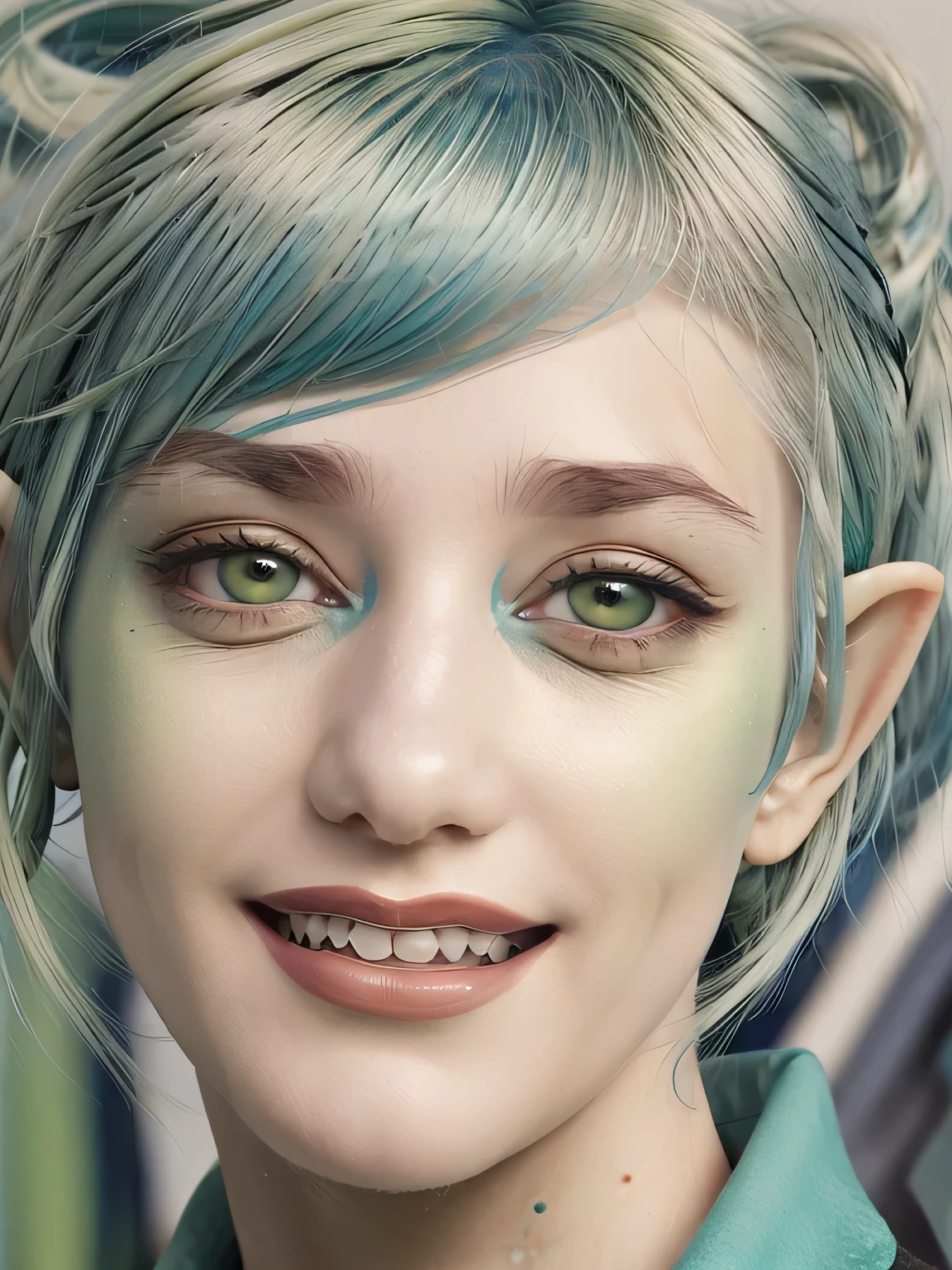 Arafed woman with green and blue hair, smiling at the camera, short green hair, short unkempt green hair, kleine blauhaarige Frau, saurer Elf, green hair, Short green bob cut, helle Pastellfarbe, Shades of green and blue, Color portrait, Dyed hair, pastel hair, turquoise hair, helles Haar, Girl with blue hair, bright green hair