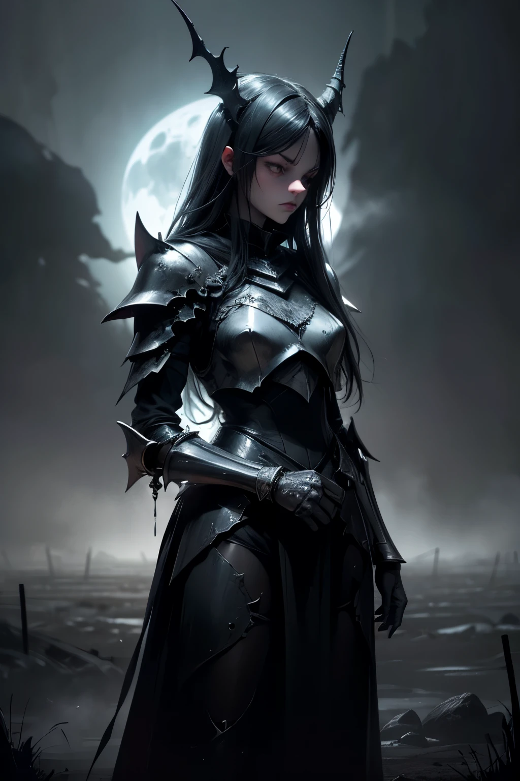 (best quality,ultra-detailed,realistic:1.37),Nightmare Knight Girl,creepy,dark,gothic,evil,haunting,ominous,ominous lighting,detailed armor,fierce warrior,glowing eyes,long flowing hair,deadly weaponry,misty atmosphere,dark shadows,mysterious background,moonlight,ethereal beauty,desolate landscape,intense expression,spooky atmosphere,cold breath,pale skin,ominous silhouette,vivid colors