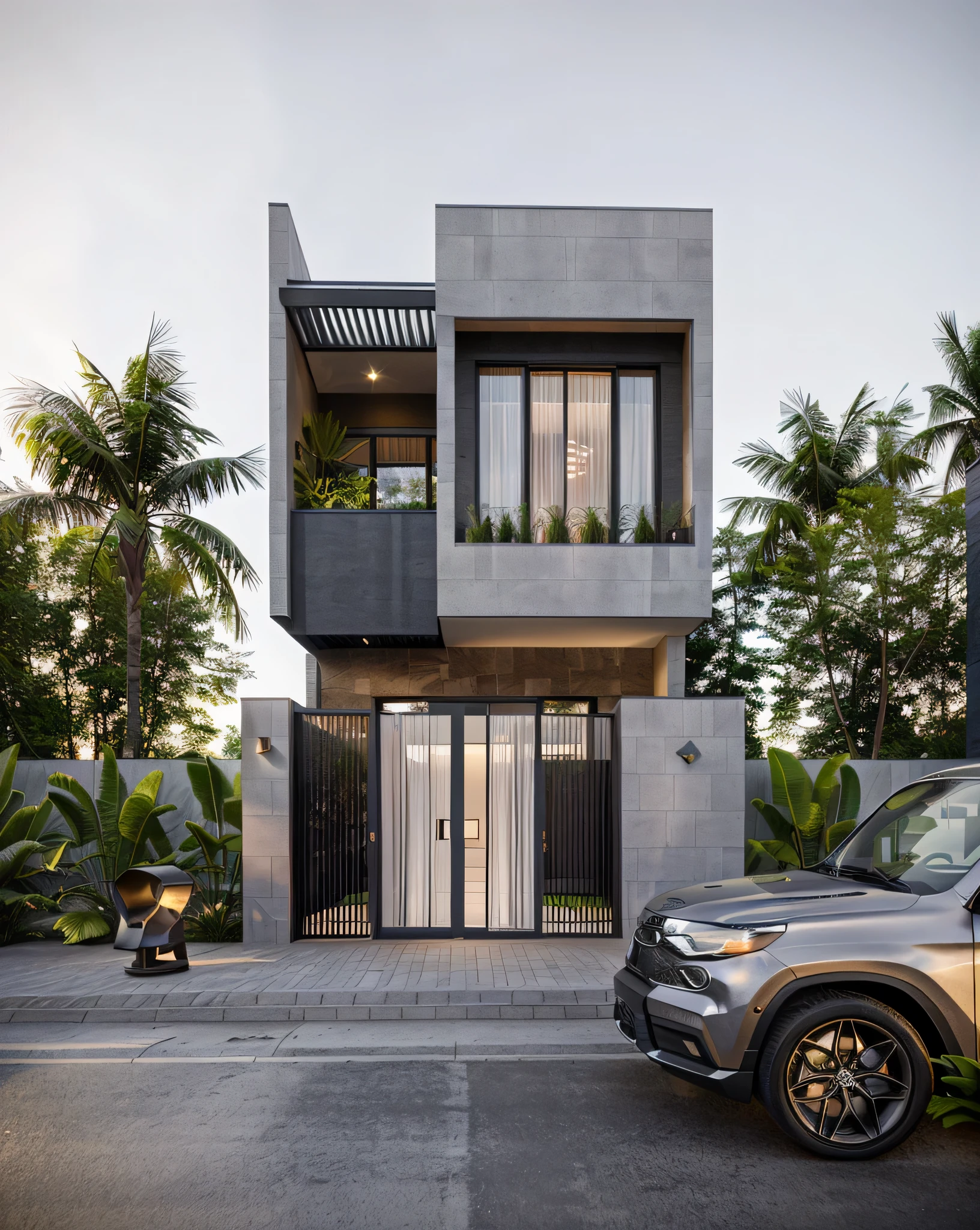villa modern,night, Realistic, exterior, sunlight, house, RAW photo, 8k uhd, dslr, (high detailed skin:1.3), soft lighting, ultra quality, film grain, Fujifilm XT3, sharp image, best quality, authentic, hight quality,