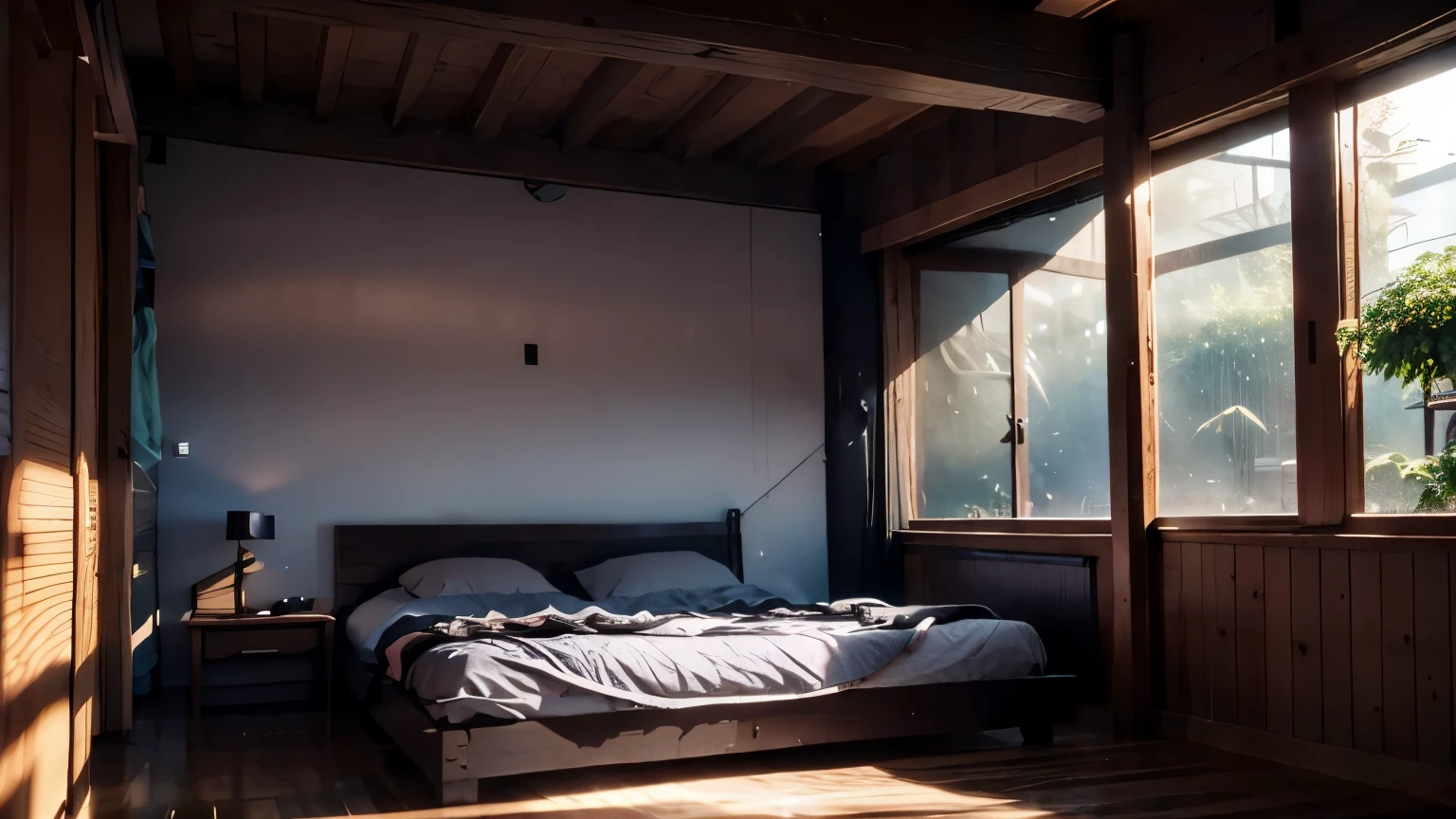 rain,mist,water,puddle,plashing,drop shadow,eflection,hydrangea,There is a bed in a room with a wooden ceiling., picture of a loft in morning, Natural light enters the room, 薄dark bedroom, dim room, inside the bedroom, Photo inside the loft, dim room, dark bedroom, detailed natural light,Rainy day light,