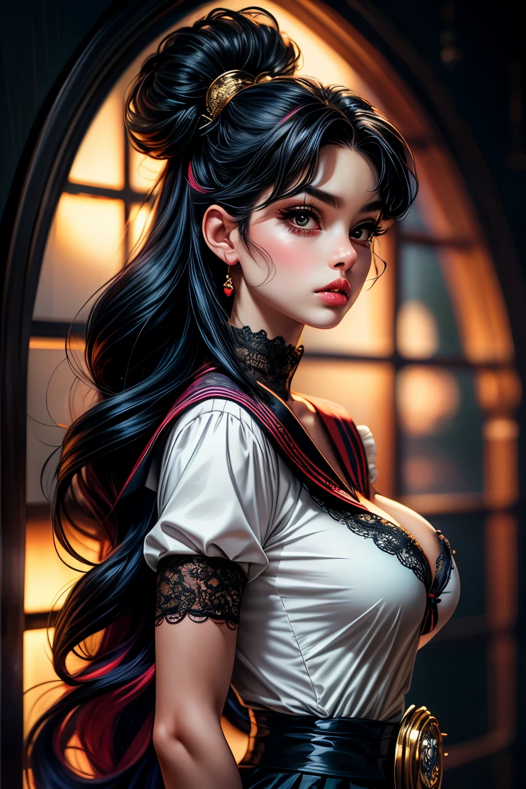 Sophisticated Stunning woman 30+, multicolored black hair, sailor senshi uniform, exotic lace, big eyes, well lit face, pouted lips, fit body, thick flowing hair, thin waist, upper body portrait, natural lighting, depth of field, simple background, highly detailed masterpiece, ambient lighting, arched back, (((perky small breasts))), natural makeup