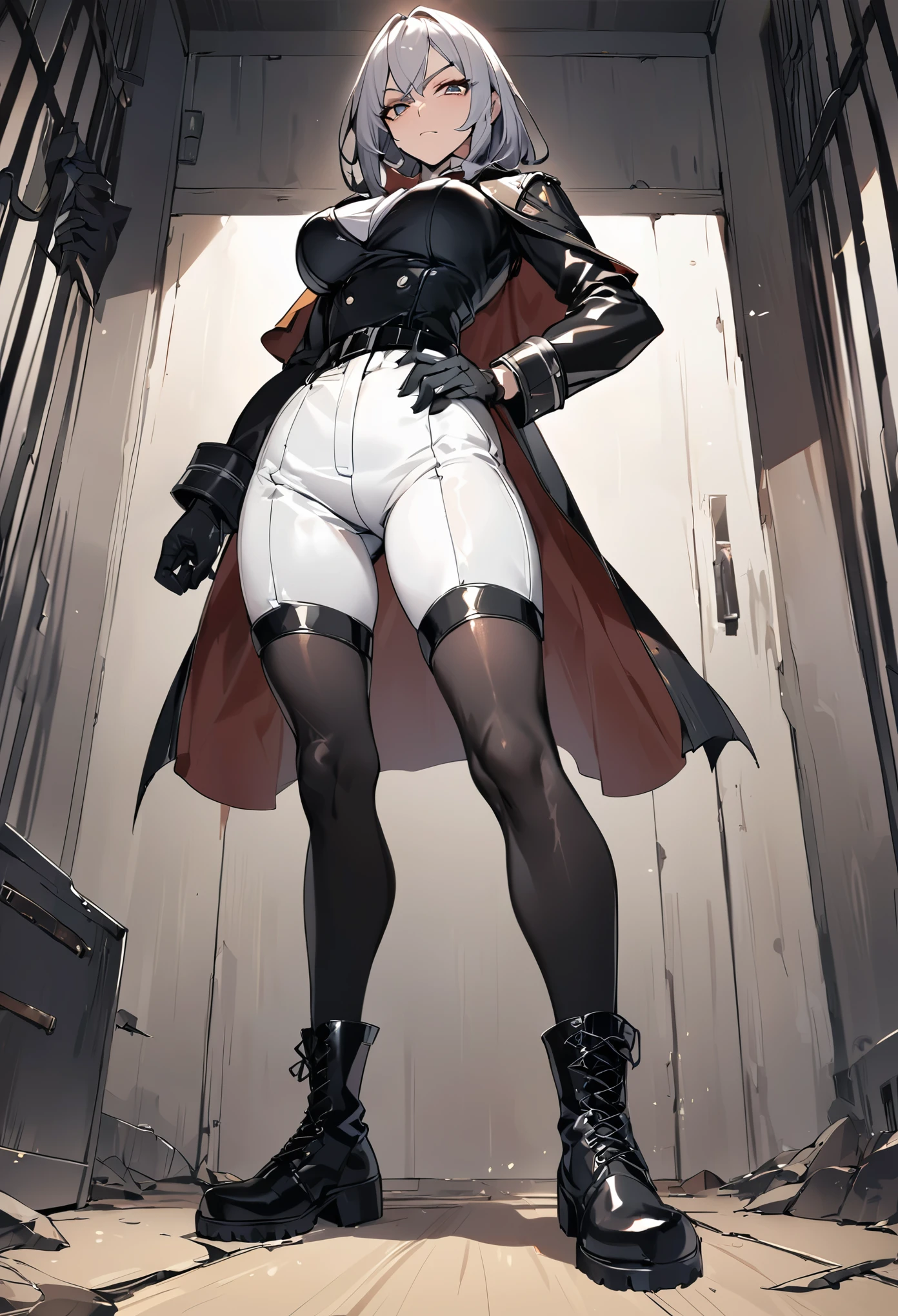 Mature female, ((solo)),(1girl),standing, full body, authority, leather outfit, dominant, (muscular:0.5), long sleeves, black gloves, double-breasted, (black knee-high combat boots:1.4), (white pants:1.2), slim, devious, seductive, evil, confident,belt, cape, standing, bedroom, military uniform, looking at viewer, from below,clean floor,prison,guard,warden,queen,commander, (smirk:0.33),